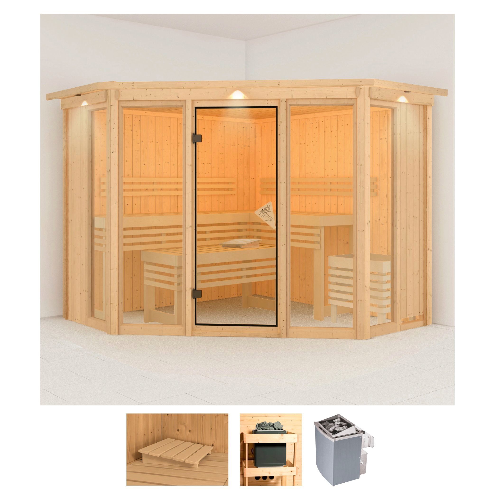 Karibu Sauna Astrid 2, BxTxH: 245 x 245 x 202 cm, 68 mm, (Set) 9-kW-Ofen mit integrierter Steuerung