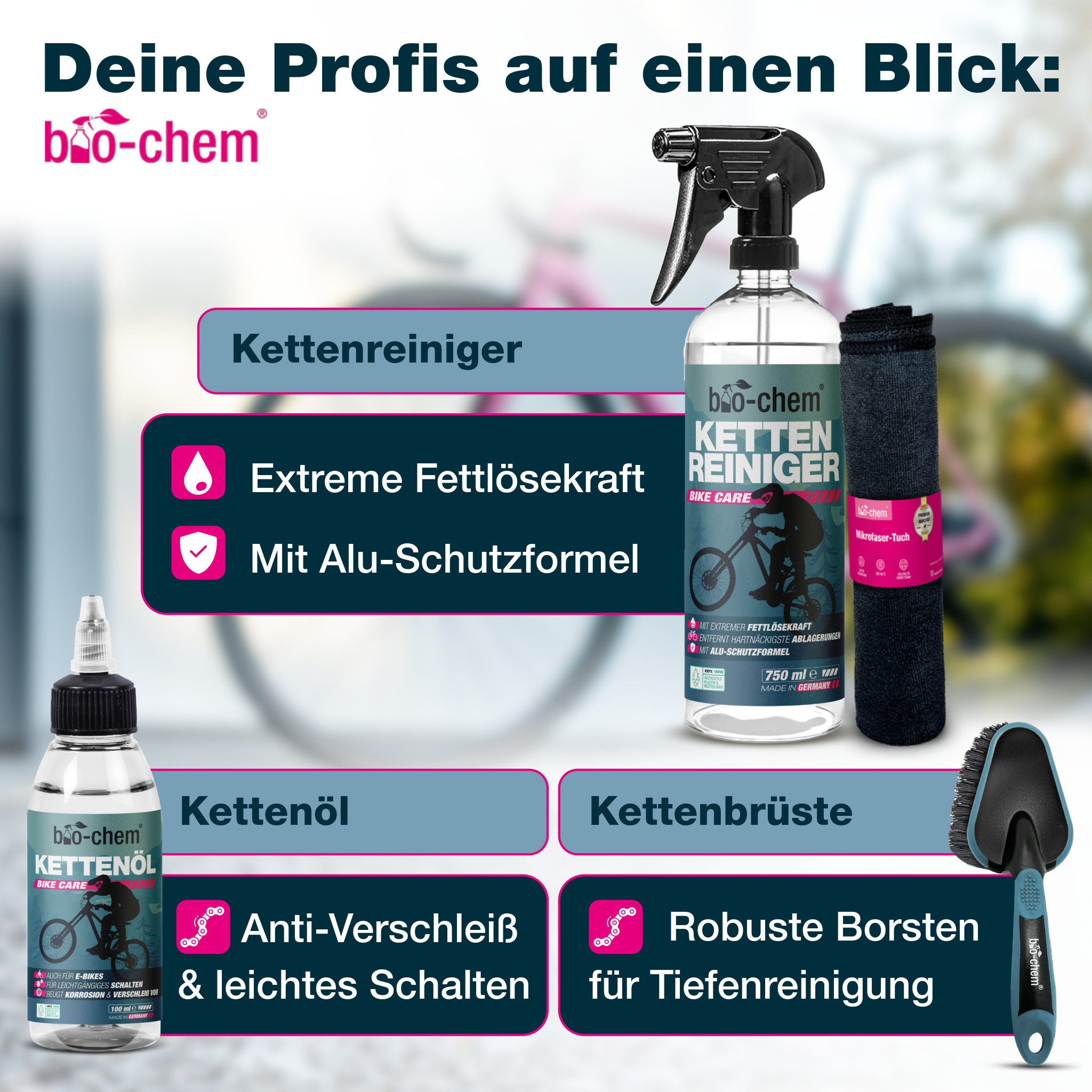 bio-chem Fahrradreiniger-Set – Professionelle Reinigung & Pflege inkl. Zubehör Zweiradreiniger (Bundle, [- Fahrrad-Reinigung PREMIUM -SET 7-teilig Mit Schutzkante & 4D-Bürste für Rundumreinigung)