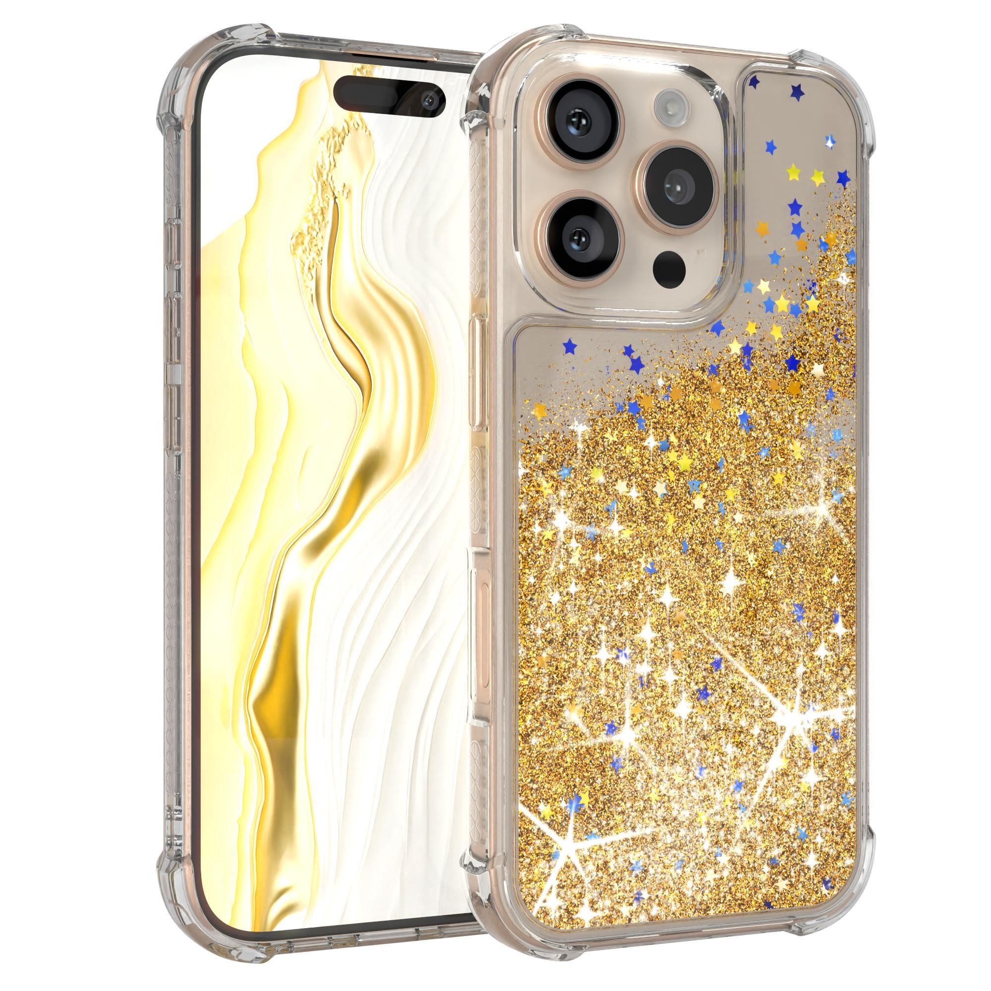EAZY CASE Handyhülle Liquid Glittery Case für Apple iPhone 16 Pro 6,3 Zoll, Durchsichtig Back Case Handy Softcase Silikonhülle Glitzer Cover Gold