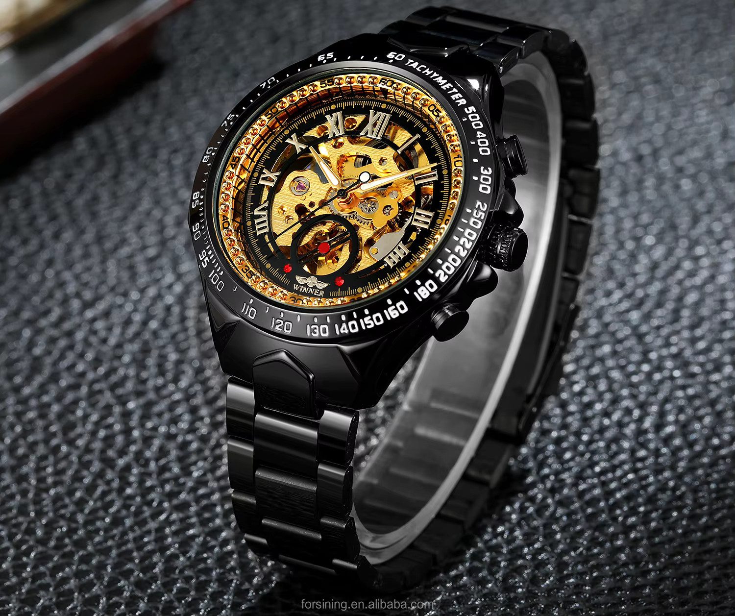 Rötting Design Automatikuhr Herrenuhr Armbanduhr Edelstahl Skelett schwarzes Design, (1-tlg), goldfarbenes Ziffernblatt