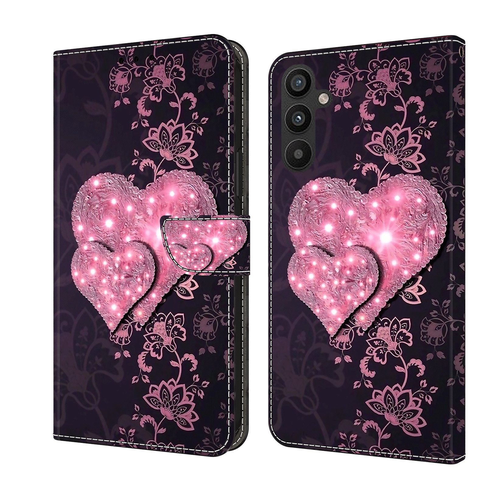 CLM-Tech Handytasche für Samsung Galaxy A16 / A17 5G Hülle aus Kunstleder Klapphülle (rosa Herzen, Handyhülle mit Standfunktion - Wallet Flip Case inklusive Kartenfächer), Cover mit Magnetverschluss - Samsung Galaxy A16 5G Schutzhülle