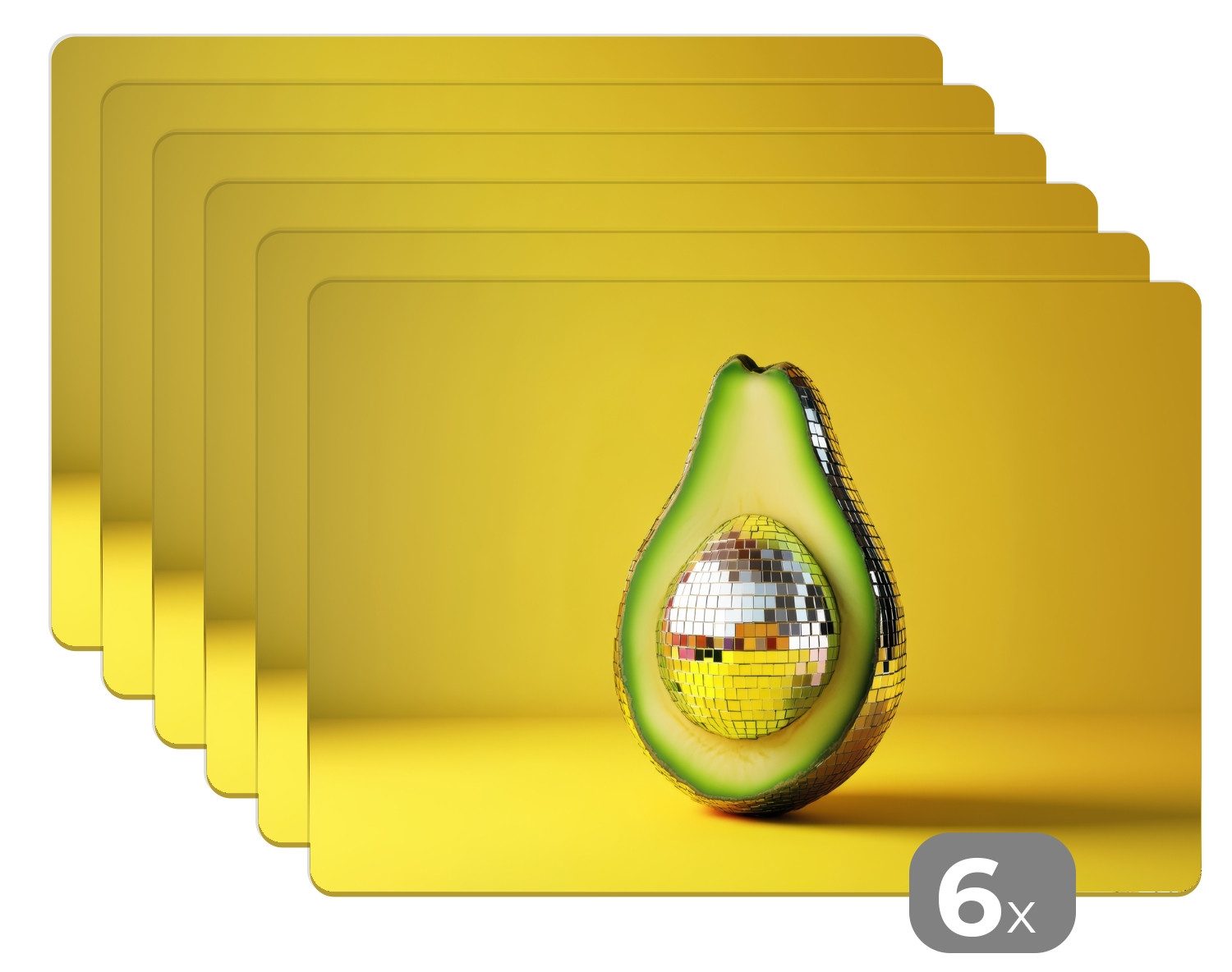 MuchoWow Platzset Avocado - Discokugel - Gelb - Glitzer, (6-St), Platzsets, Tischset, Abwaschbar, Tischsets, Platzdeckchen