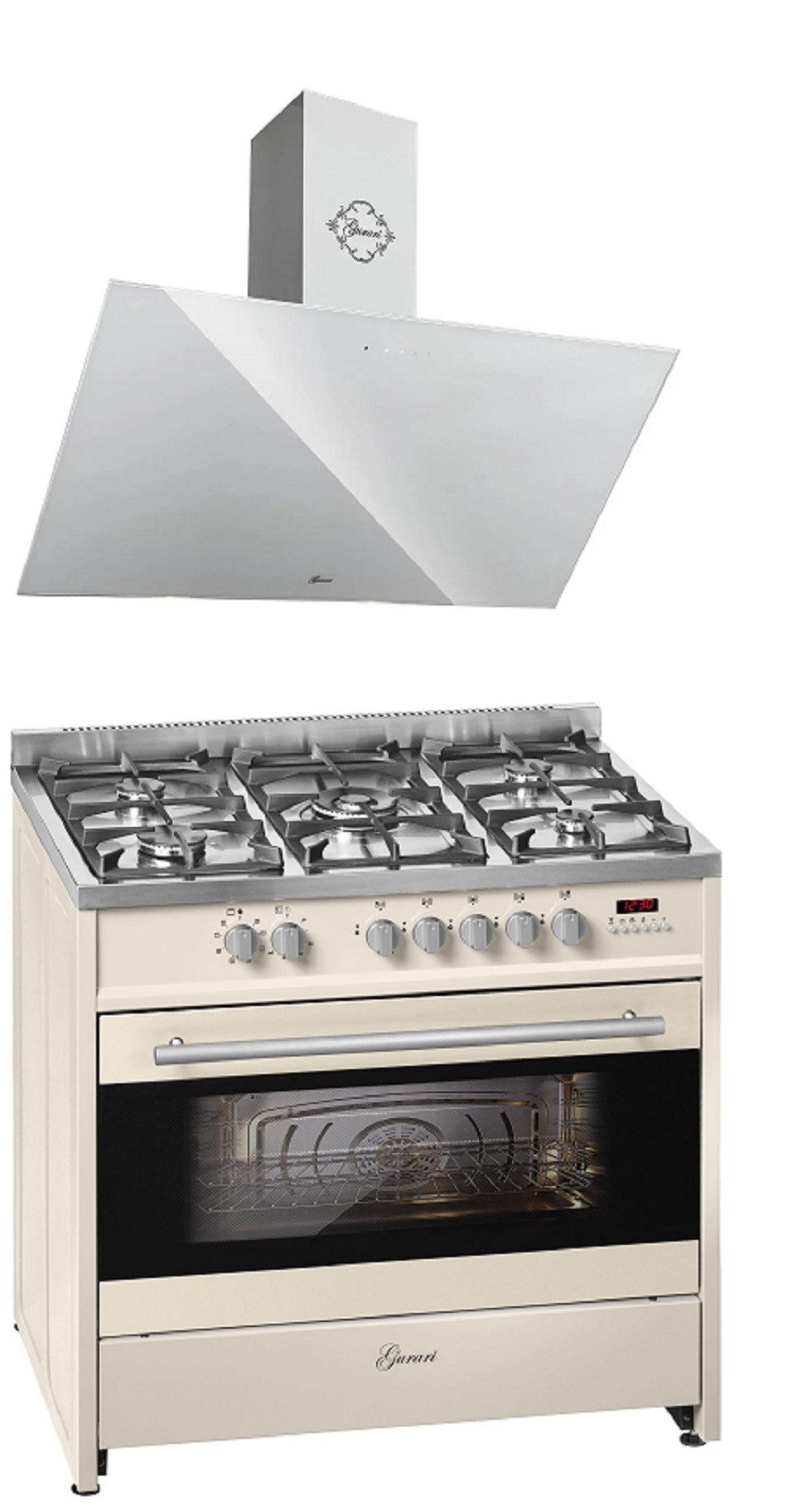 GURARI Gas-Standherd GCH E 911 Cr+GCH 286 WH 9 Prime N, mit 1-fach-Teleskopauszug, Gas Elektro Standherd 90 cm+Dunstabzugshaube 90 cm
