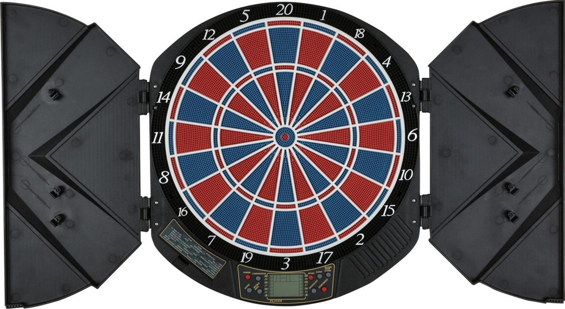 Sunflex Dartscheibe EXPERT elektronische Dartscheibe, 2-Loch mit Kabinett, (Dartboard mit LCD-Display, mit 21 Spielen und 65 Variationen (inkl. Cricket), für 1-8 Spieler, Betrieb über Netzteil oder 3xAA Batterien