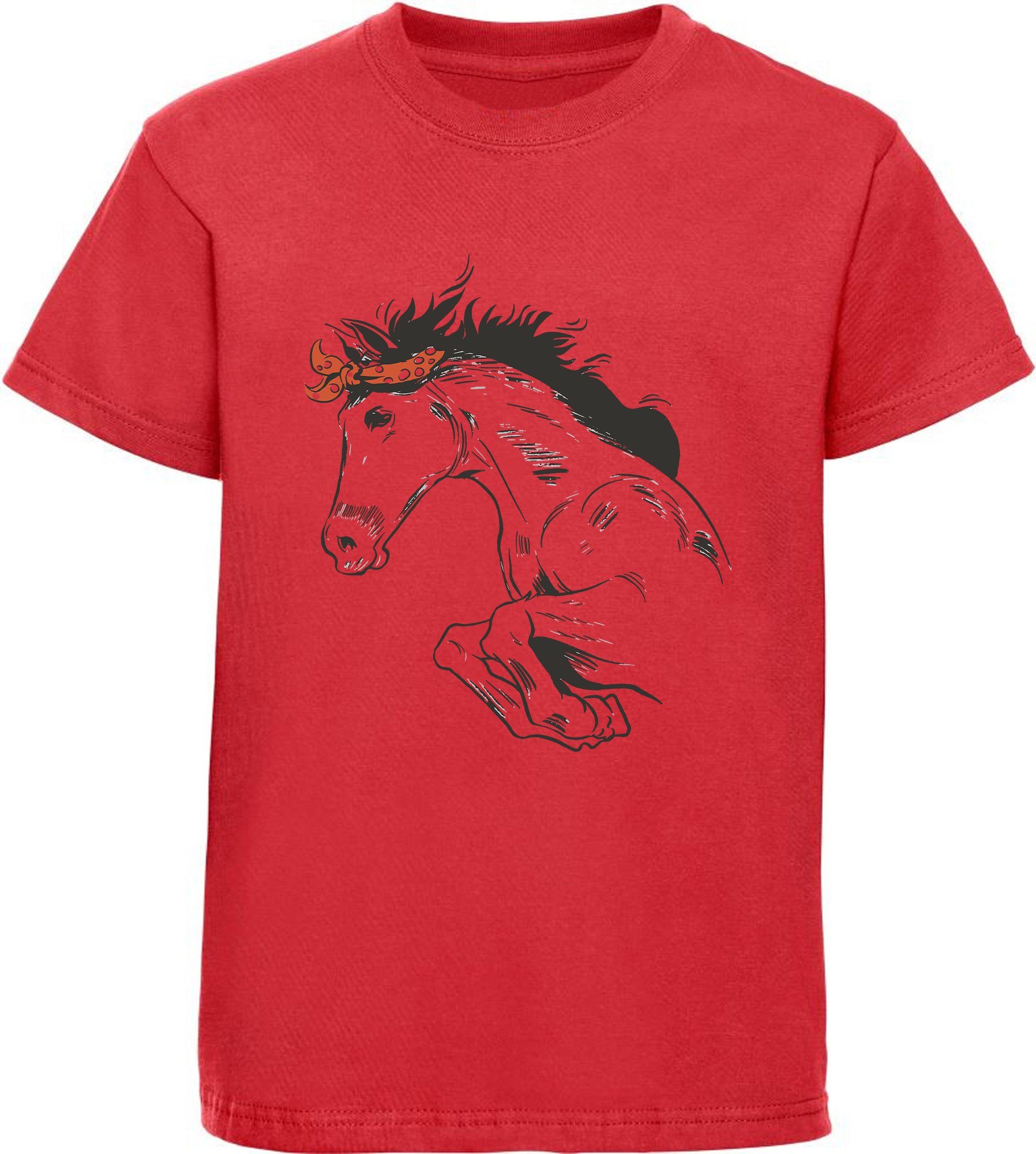 MyDesign24 Print-Shirt bedrucktes Pferde T-Shirt - Springendes Pferd mit Kopftuch Baumwollshirt mit Aufdruck, i170 rot