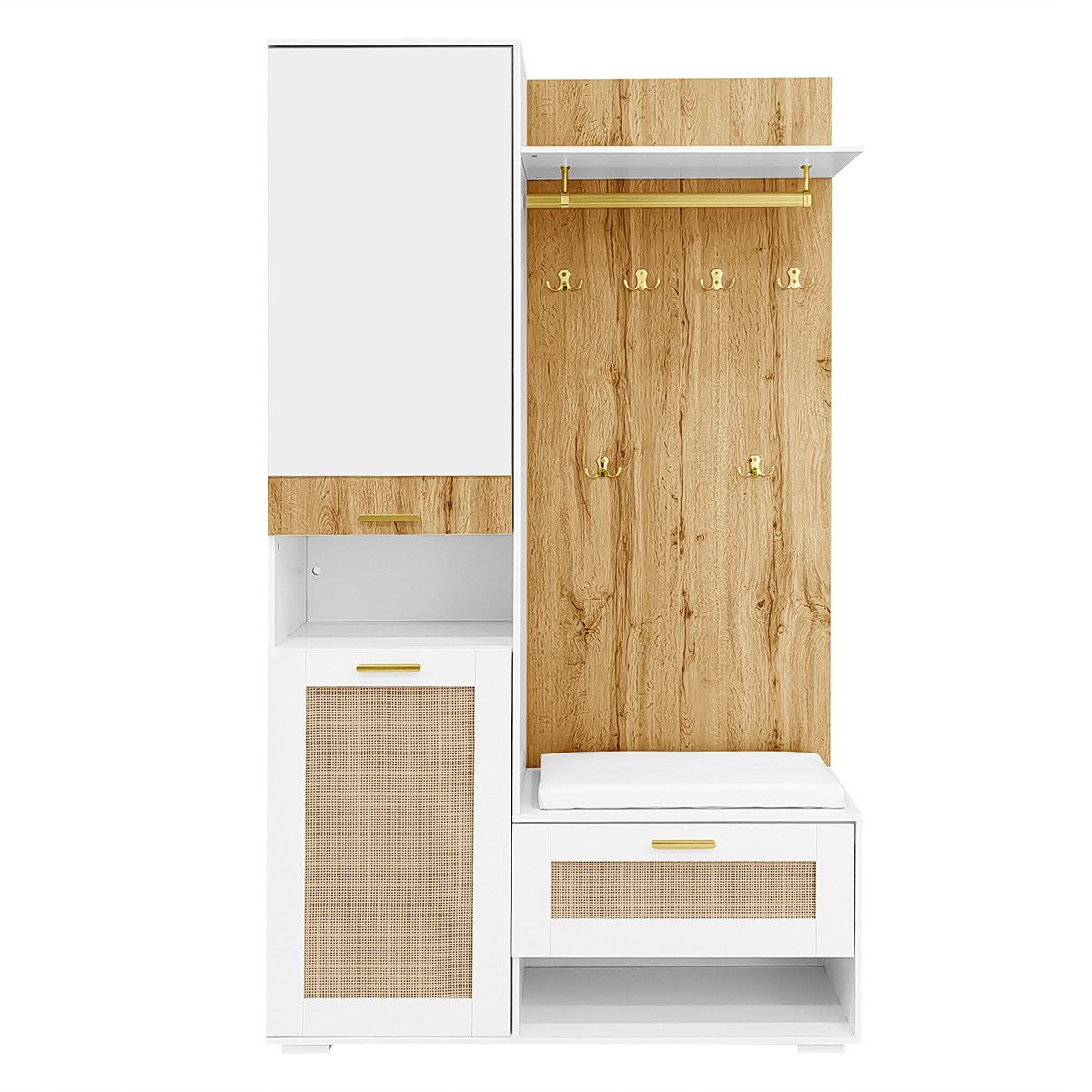 Garderobenschrank Garderobenset mit Spiegel 5 goldenen Kleiderhaken Schuhschrank