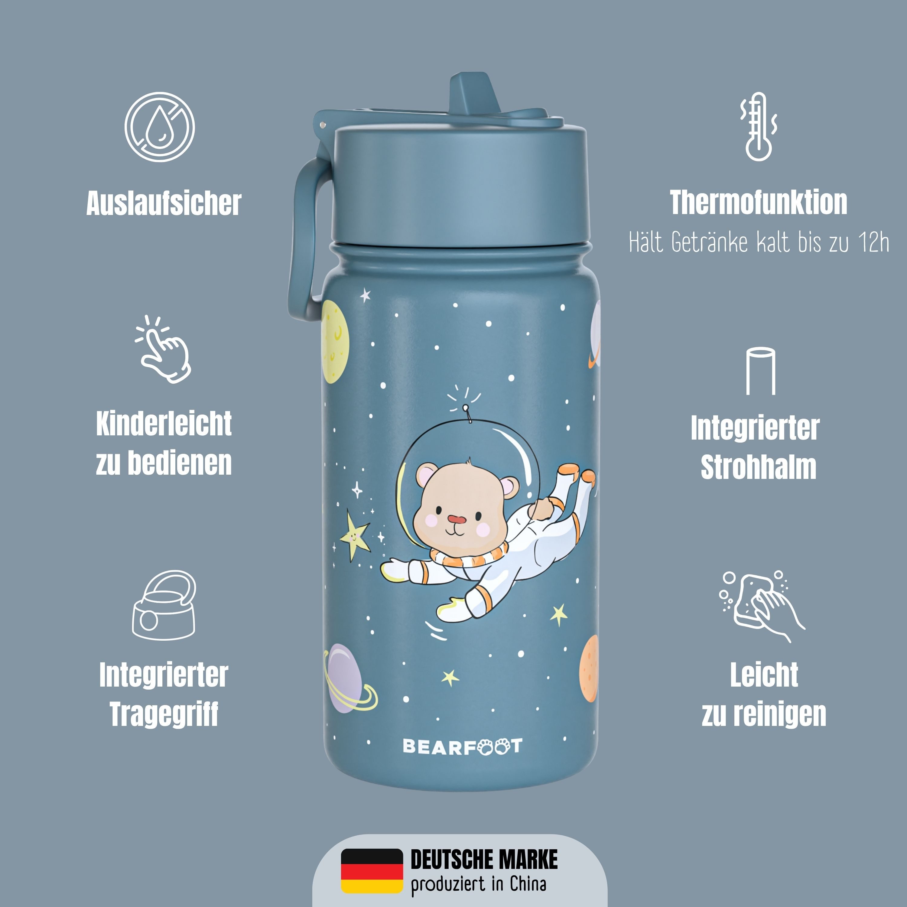 BEARFOOT Trinkflasche Thermo Kinder Trinkflasche Edelstahl - Astro Bär blau, Thermosflasche, auslaufsicher, Edelstahl, Kinderflasche, BPA-frei