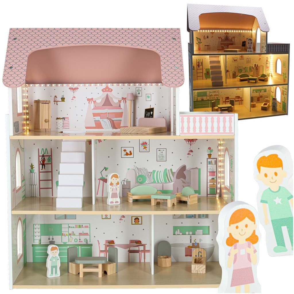 Ikonka Puppenhaus Holzpuppenhaus 70 cm mit LED Beleuchtung Balkon umfangreichem Möbelset, (Holzpuppenhaus 70 cm mit LED-Beleuchtung, Balkon und Möbeln, LED Holzpuppenhaus mit Balkon, Möbelset und Spielfiguren), Mehrstöckiges Holzpuppenhaus mit LED Beleuchtung Balkon Rollenspiel