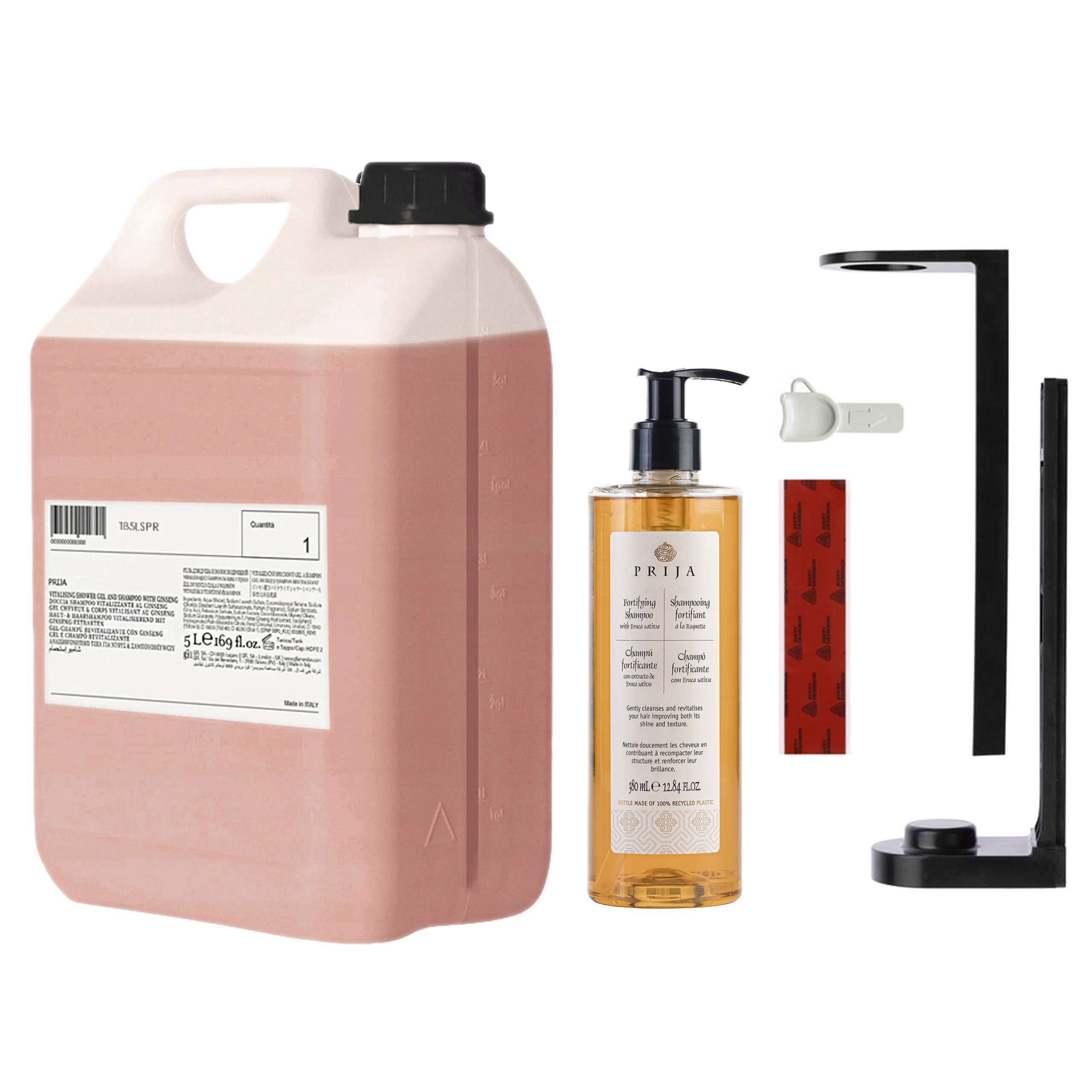 Sarcia.eu Haarshampoo PRIJA Set: schwarzer Flaschenhalter, 380ml Rucola-Shampoo + 5l Vorrat