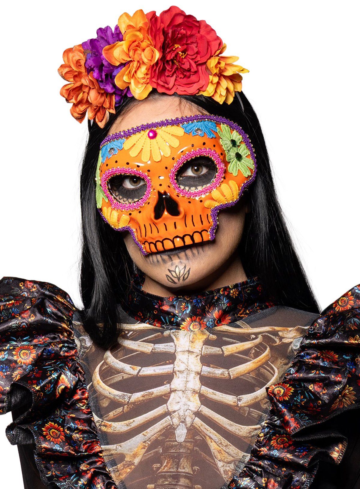 Metamorph Verkleidungsmaske Candy Skull Augenmaske, Kunterbunte Skelettmaske mit Brillenbügeln zum Aufsetzen