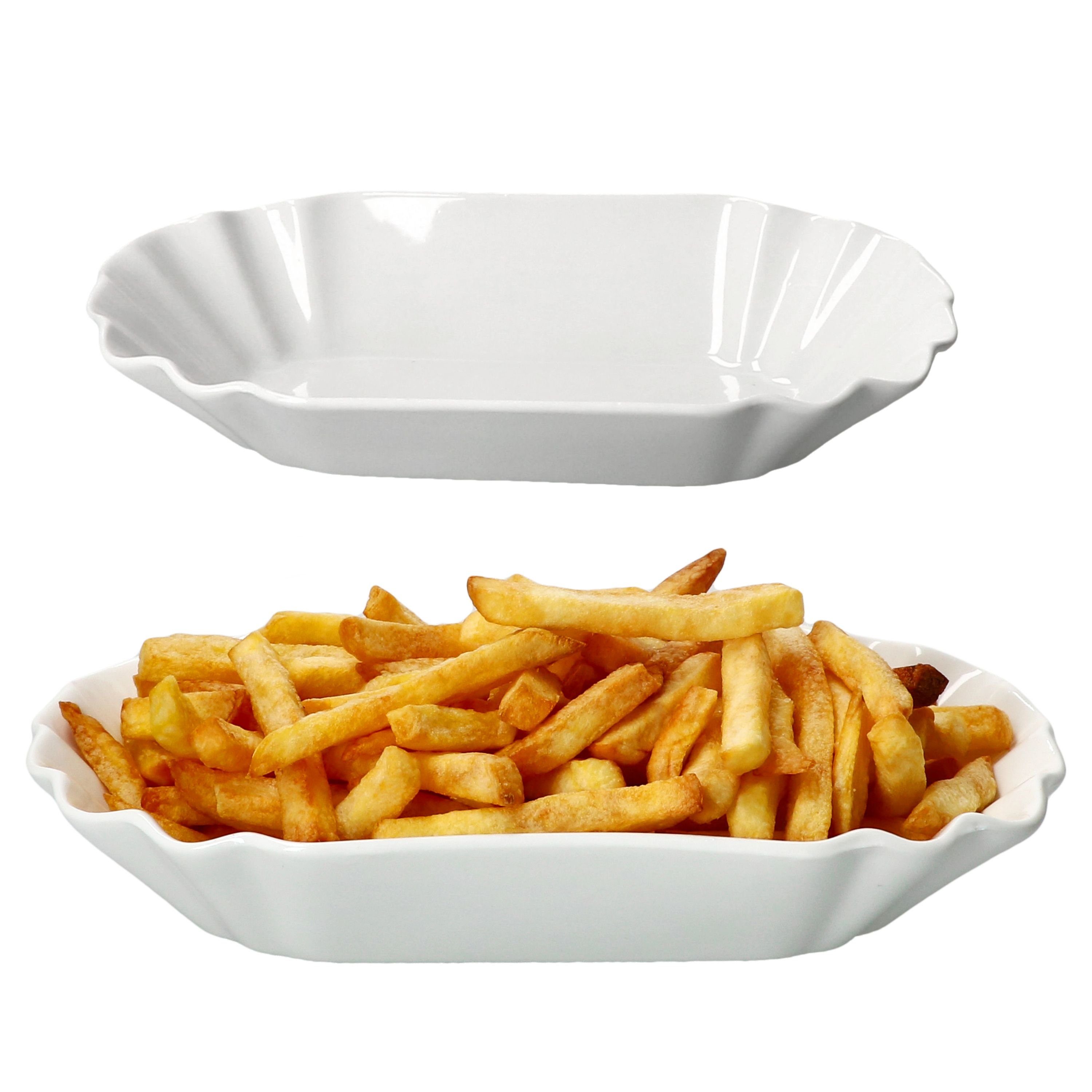 Servierschale 2x Fries Pommesschale oval weiß Currywurst-Schale Porzellan
