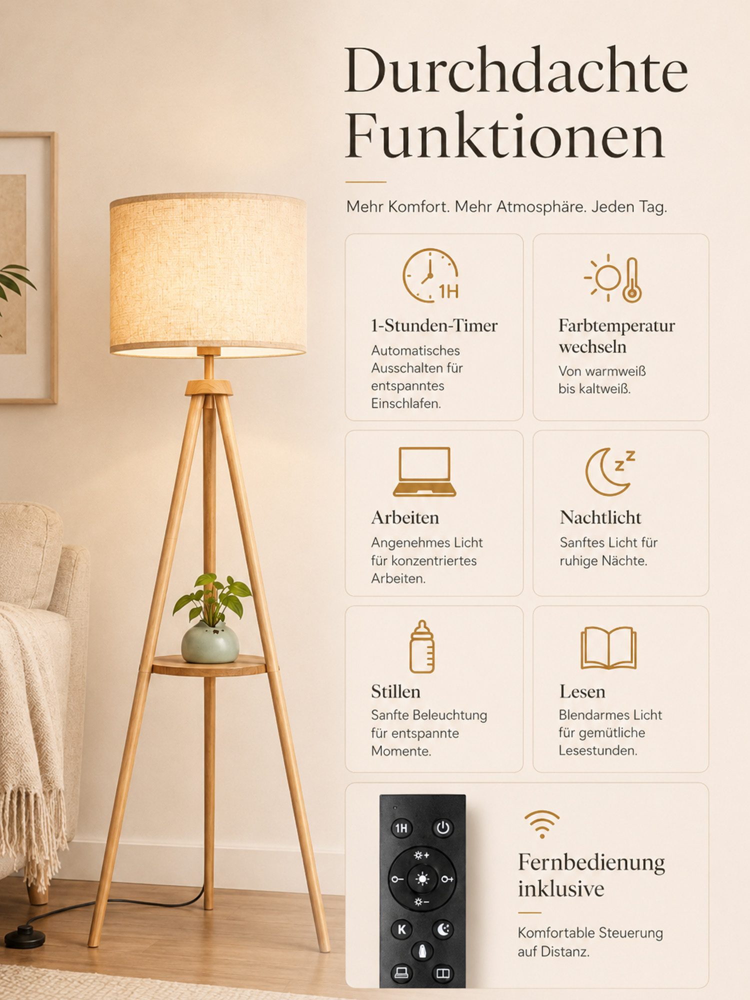 OUTON LED Stehlampe mit Ablagefach 12W dimmbar Fernbedienung – Bild 5 von 5