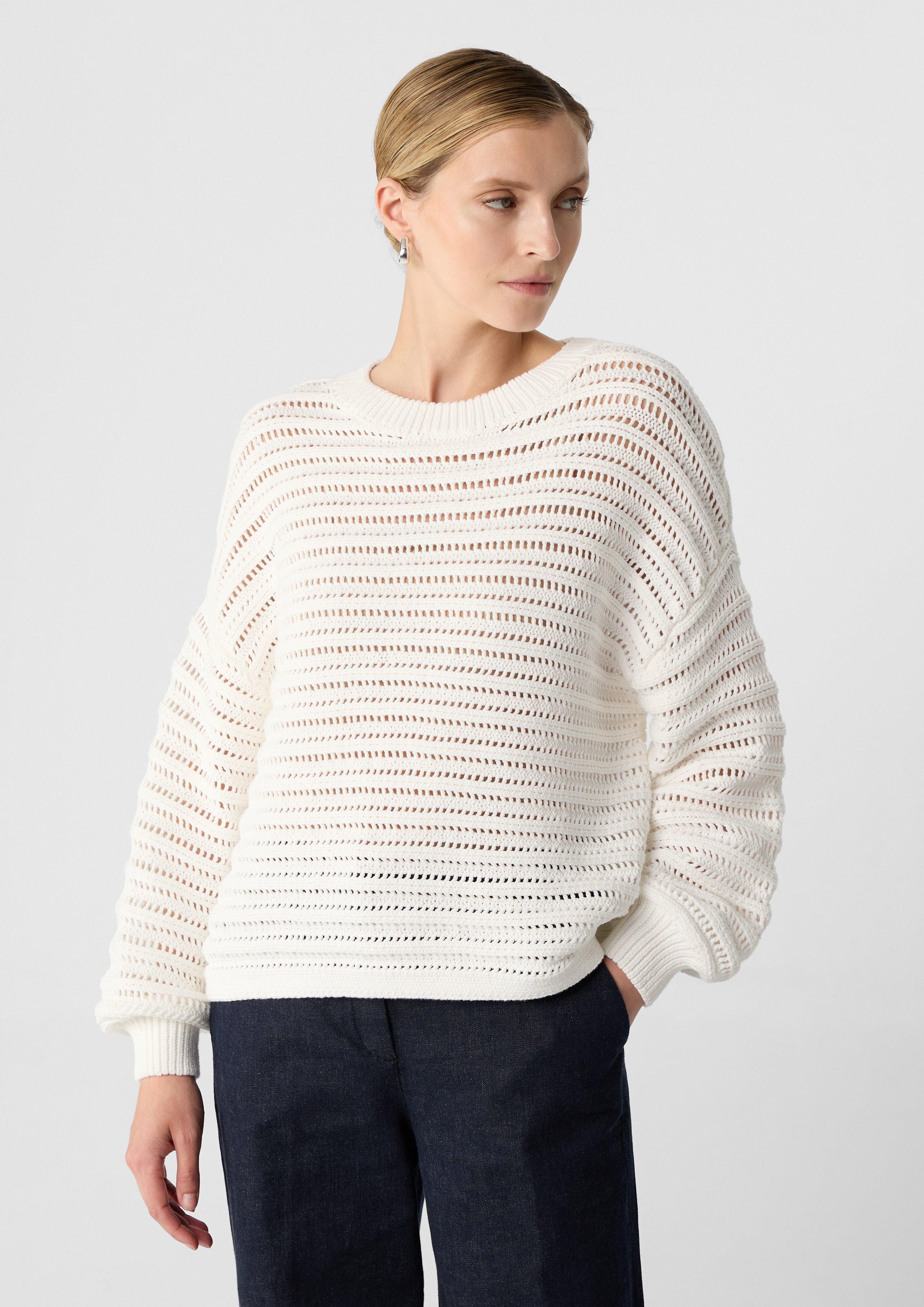 Langarmshirt Verkürzter Strickpullover mit Ajourmuster im Relaxed Fit