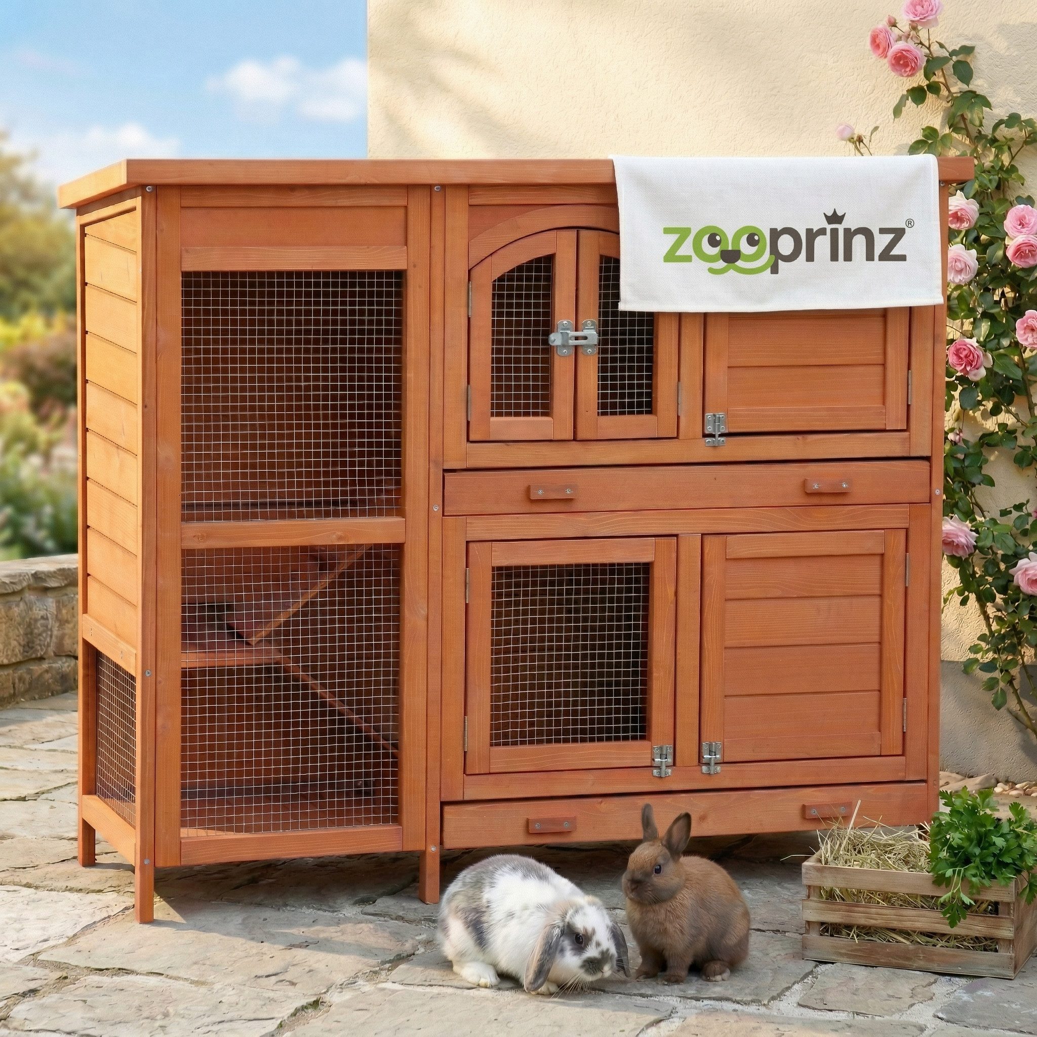 Zooprinz Kleintierstall Krümmel auf Holzfüßen 2 Etagen 122x104x48 cm (BxHxT), Bitumendach, massives Vollholz, wetterfest