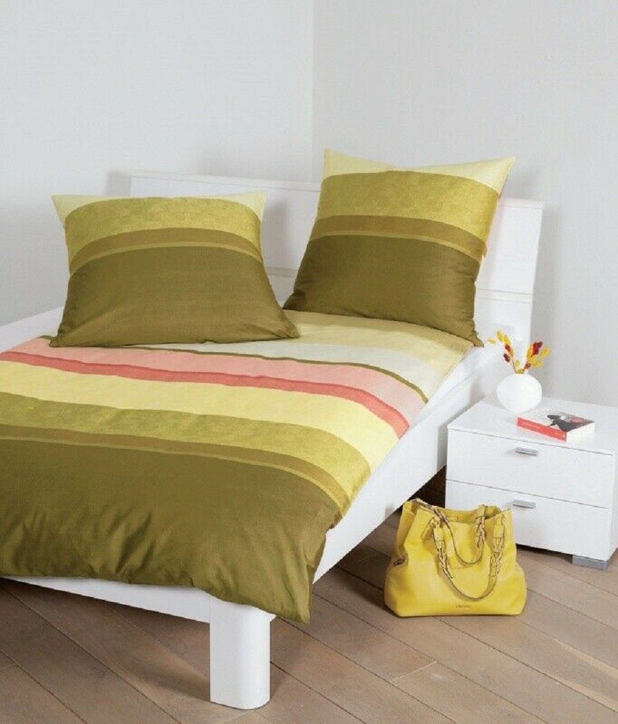 Janine Bettwäsche Janine Moments Mako Satin Bettwäsche 200x200 Streifen oliv senf, Mako-Satin, 3 teilig
