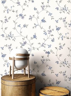 Newroom Vliestapete, Blau Tapete Floral Blumen - Vintage Blumentapete Grau Weiß Romantisch 3D Optik Blätter Blüten für Schlafzimmer Wohnzimmer Küche