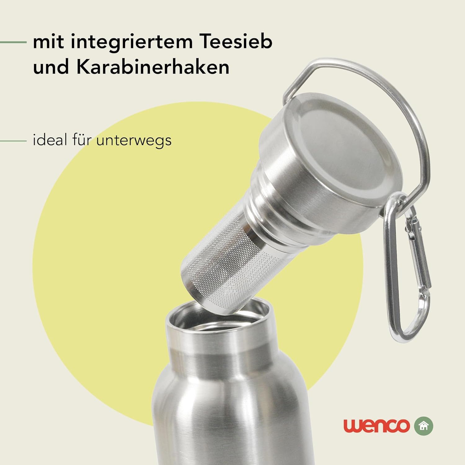Wenco Isolierflasche Trinkflasche 1l Edelstahl, Thermoskanne für kalte, heiße Getränke mit Teesieb BPA frei silber – Bild 4 von 5