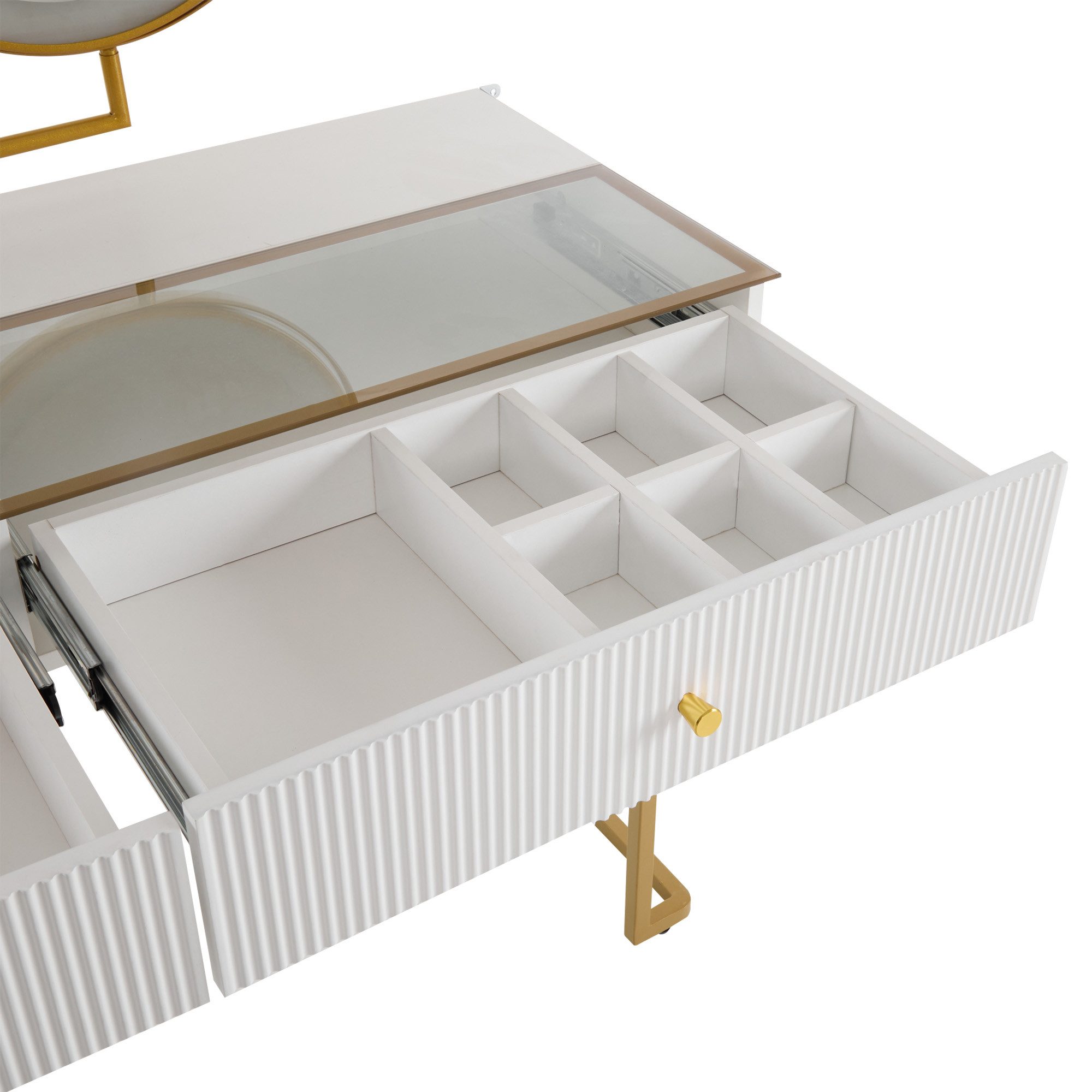 Flieks Schminktisch, Kosmetiktisch mit LED Spiegel + transparenter Tischplatte 120x45x115cm