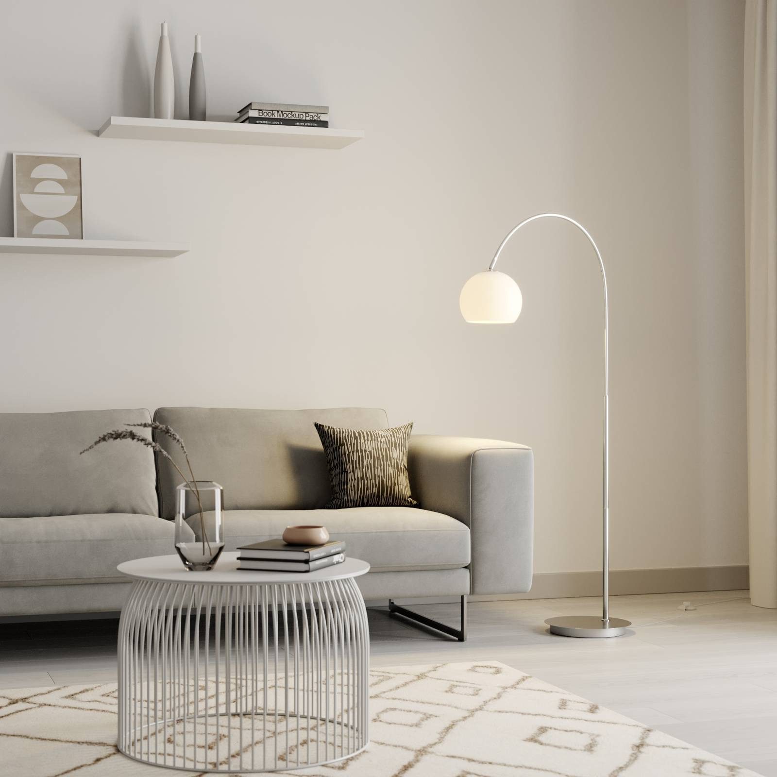 Lindby Bogenlampe Cynthia, Glas Alu IP20, 1 x 15 W LED