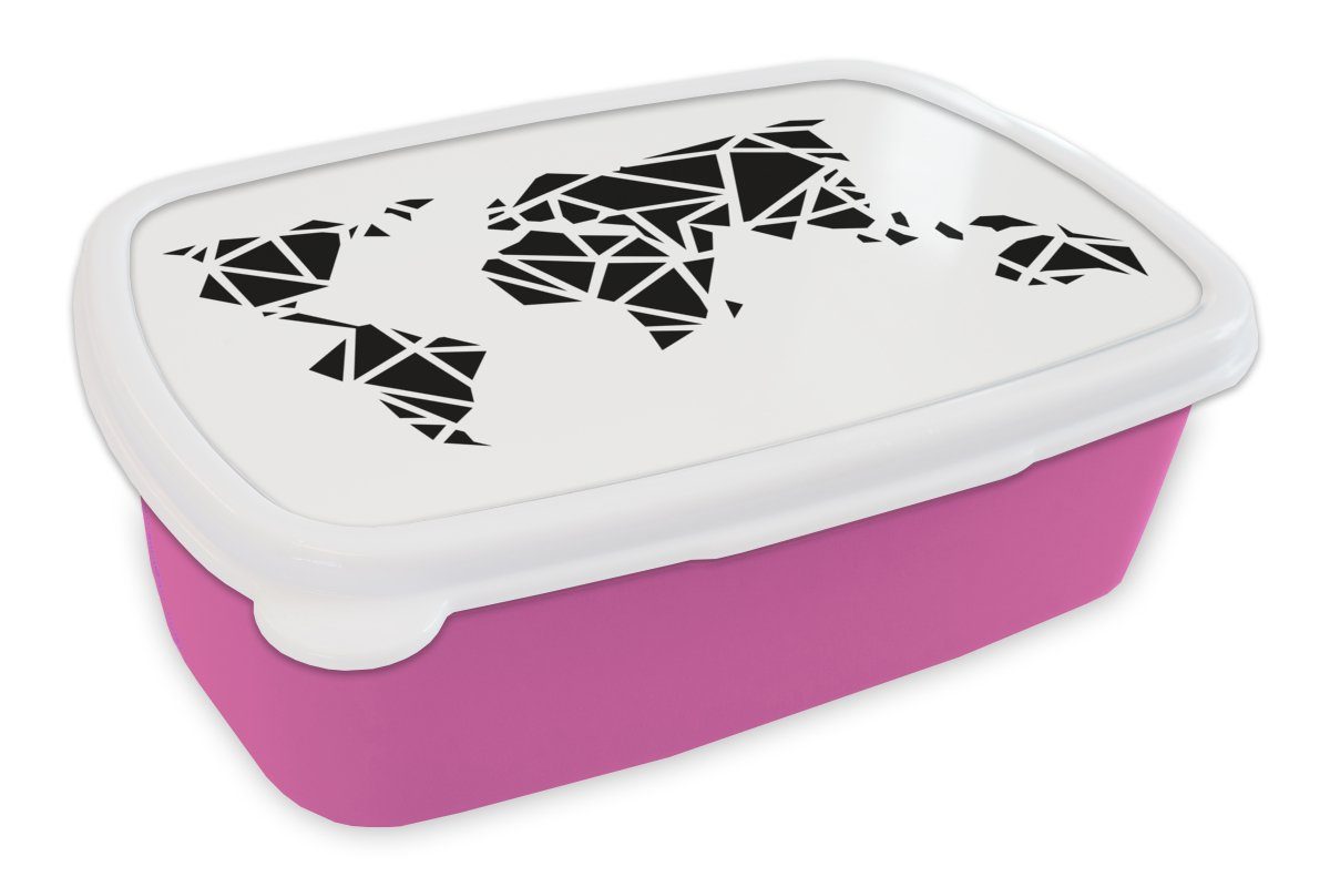 MuchoWow Lunchbox Weltkarte - Schwarz - Weiß - Abstrakt - Kind - Jungen - Mädchen, Kunststoff, (2-tlg), Brotbox für Erwachsene, Brotdose Kinder, Snackbox, Mädchen, Kunststoff rosa