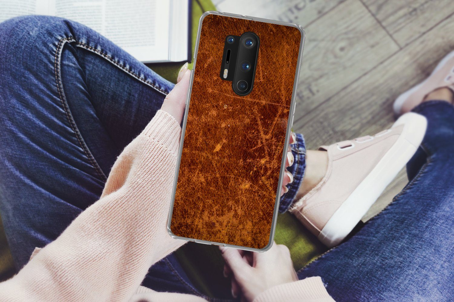 MuchoWow Handyhülle für OnePlus 8 Pro Leder - Lederoptik - Braun - Orange, Phone Case, Silikon, Schutzhülle Dünn