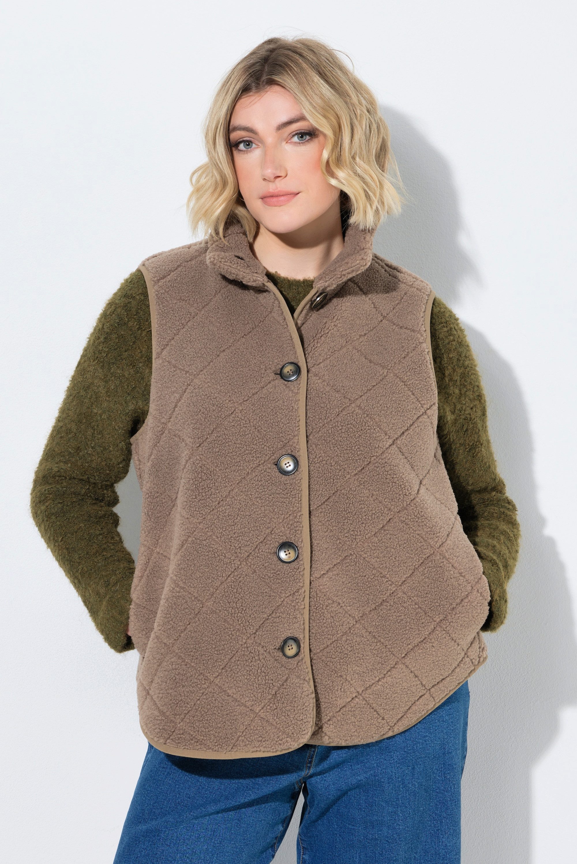 Ulla Popken Steppweste Weste Teddyfleece Rhombenmuster Stehkragen