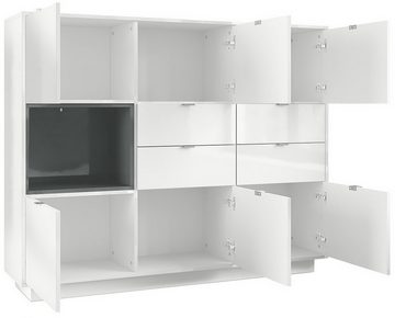 Vladon Highboard Metro (Highboard, mit 6 Türen, 4 Schubladen und 1 offenem Fach), Weiß Hochglanz (153 x 123 x 38 cm)