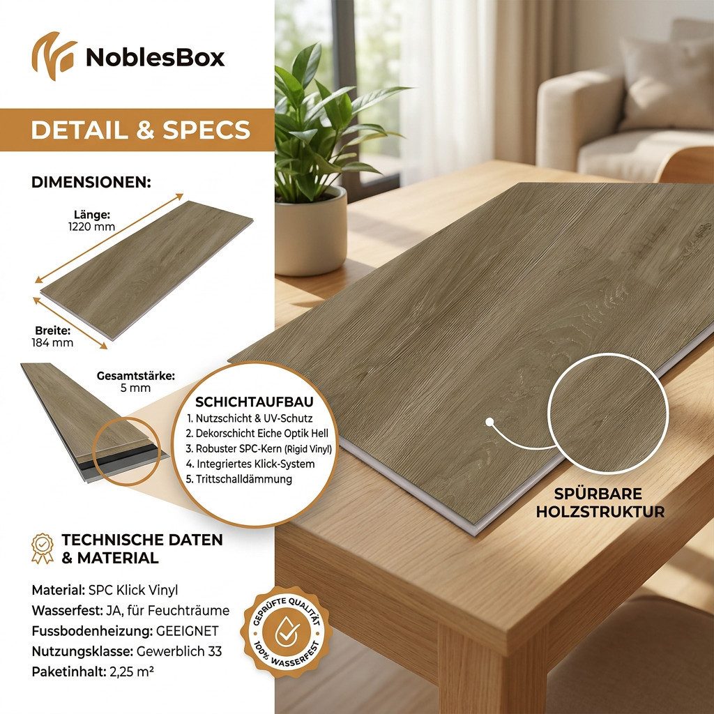 NoblesBox Designboden Klick Vinylboden SPC - Hartvinyl - 4+1mm Wasserfest - 1 mm Isolierung, Für Fußbodenheizung, Hochabriebfest & Klicksystem