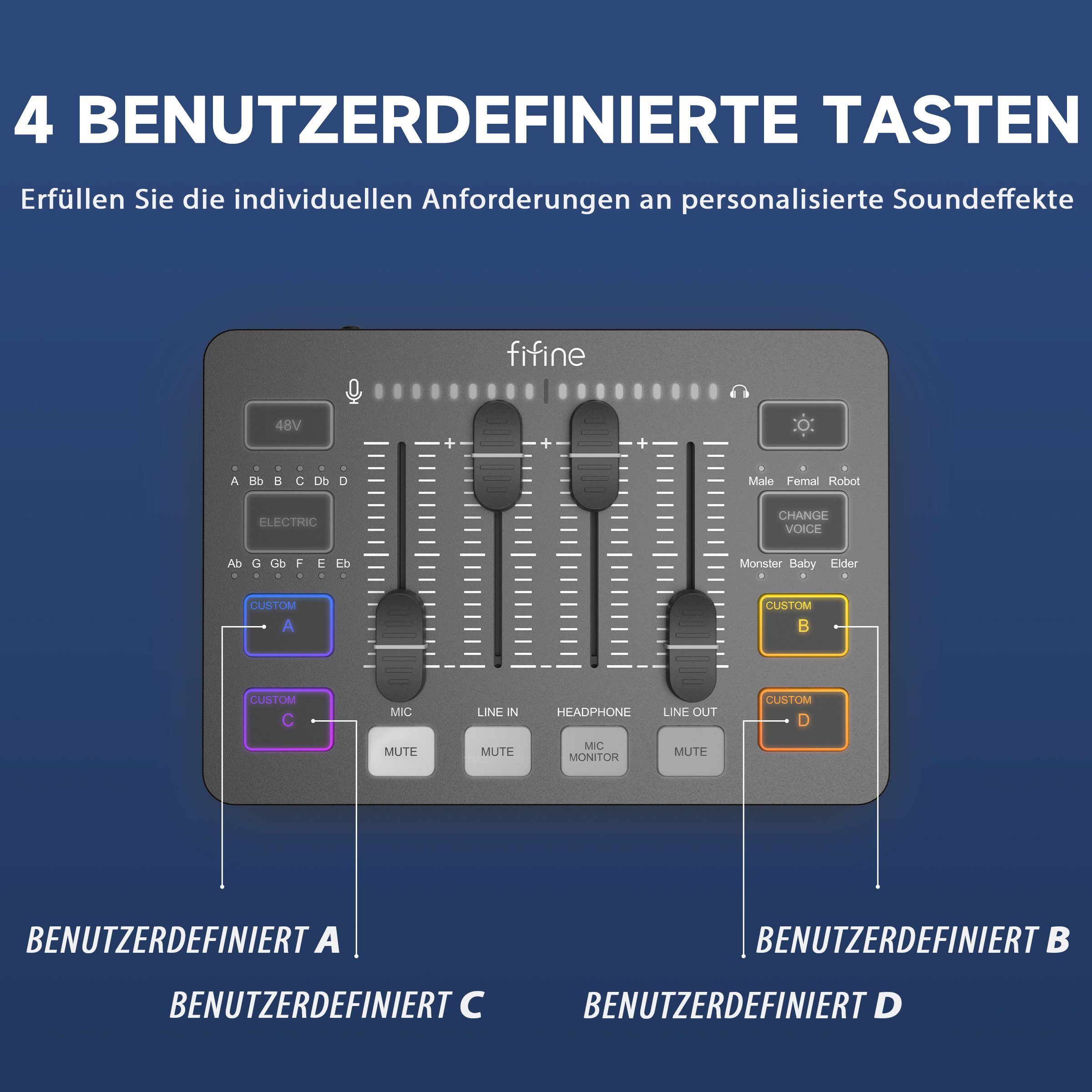 FIFINE Mischpult Mischpult Gaming Audio Mixer, Streaming PC Mixer für Podcast, Gesang, individuelle Steuerung, Stummschaltungstaste, 48V Phantomspeisung – Bild 5 von 5