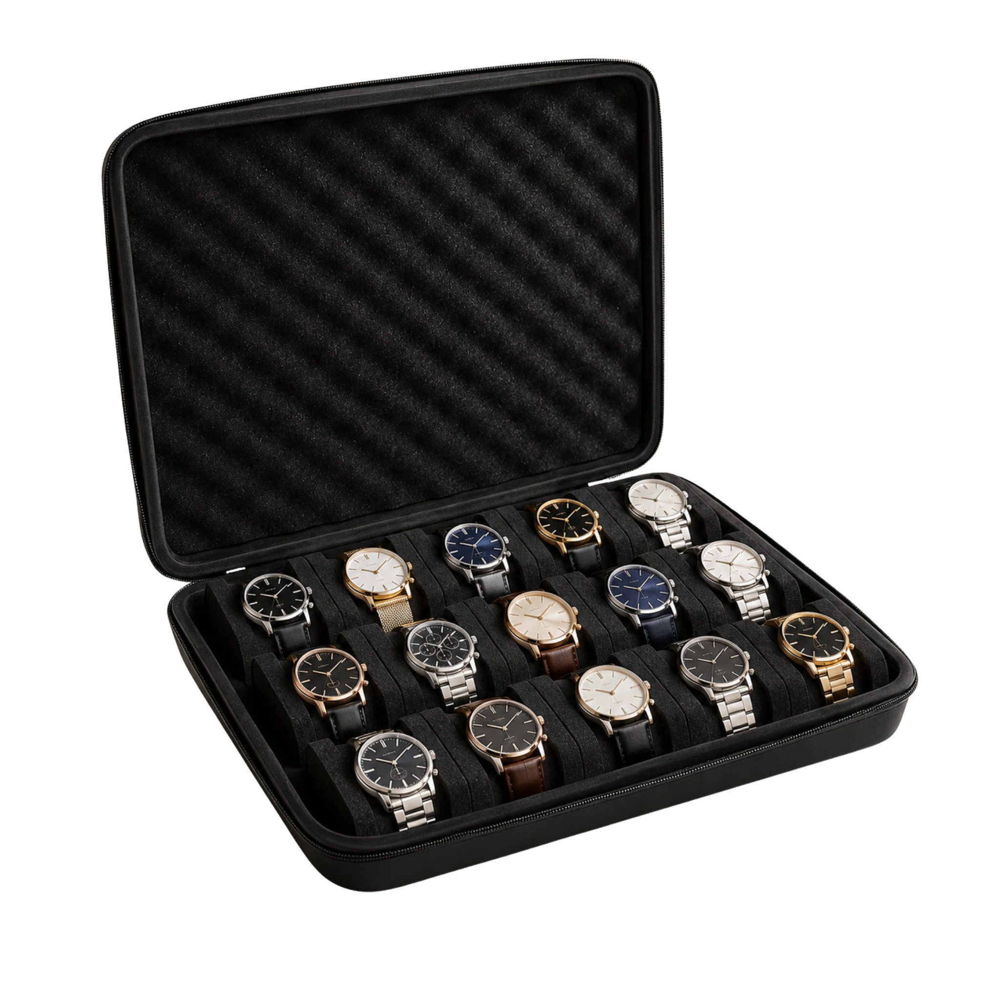 HS.SUPPLY Uhrenbox Uhrenbox für 15 Uhren, schwarz, Reiseetui mit Reißverschluss (Komplett-Set, Komplett-Set), 15 Uhrenplätze, Reißverschluss, gepolstertes Innenfutter