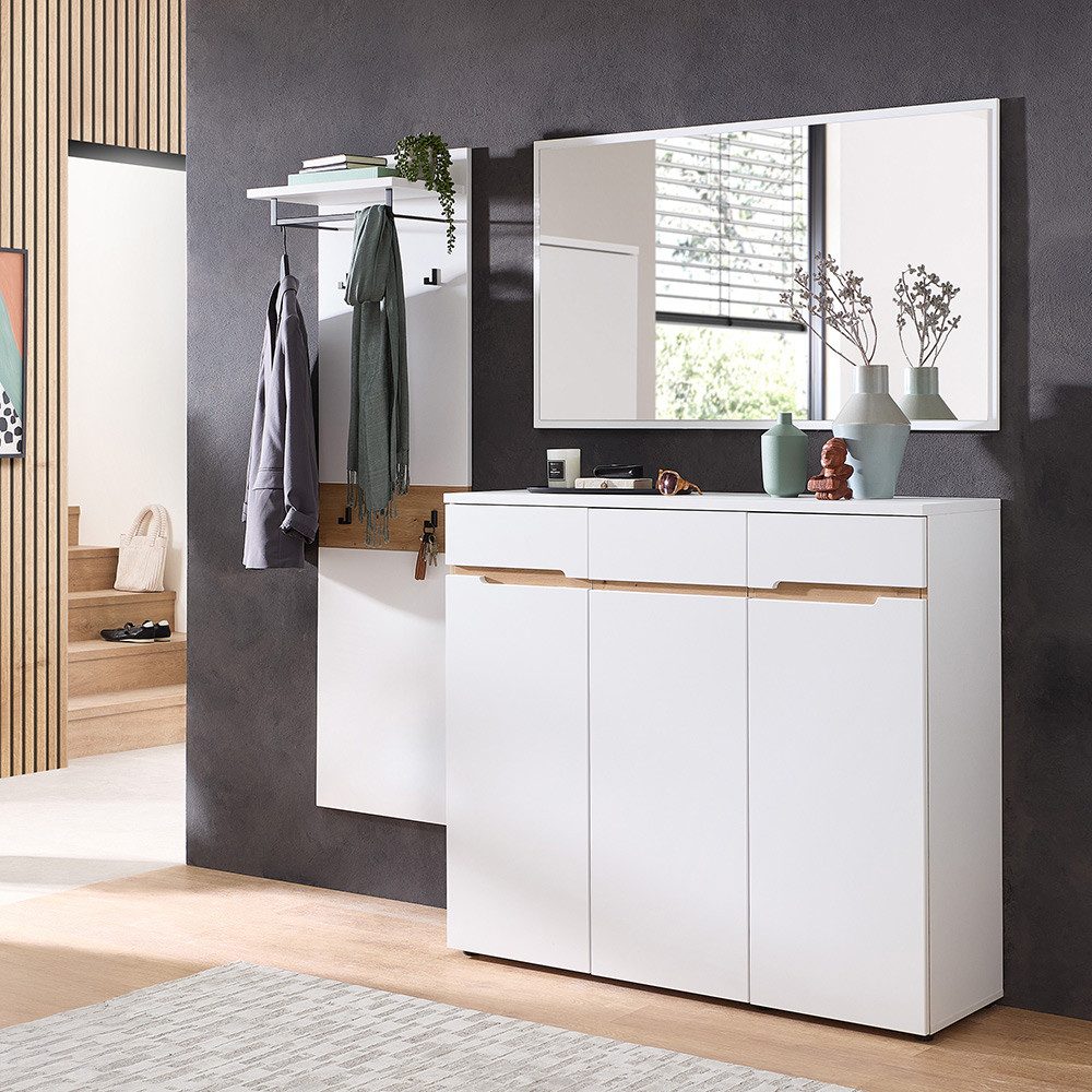 Lomadox Garderoben-Set MANRESA-36-WHITE, (Spar-Set, 3-St., Garderobenpaneel Spiegel Schuhschrank), in weiß mit Eiche, grifflos, mit Schuhschrank und Spiegel