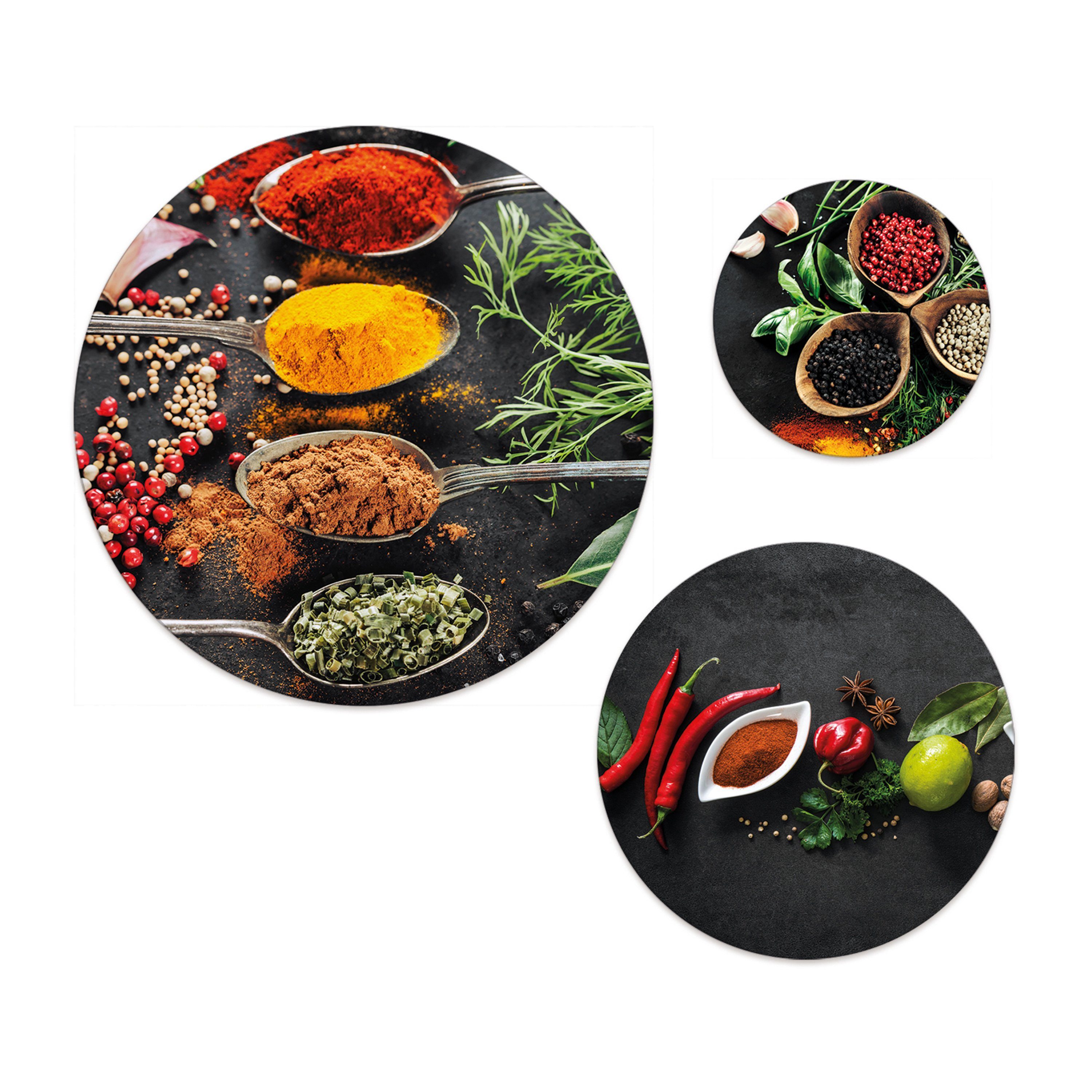 artissimo Mehrteilige Bilder Bilder-Set 3-teilig 55/40/25 cm runde Wandbilder Küche - Küchenbilder, Küchenmotiv: Kräuter & Gewürze