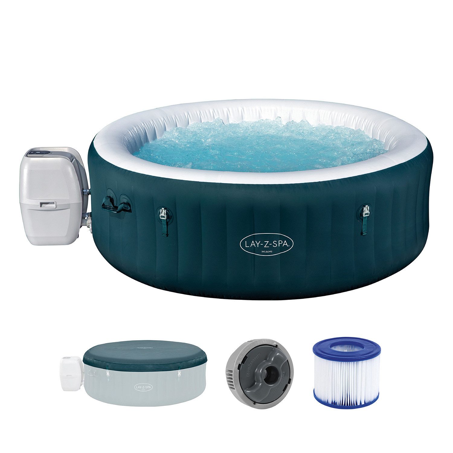 Bestway Whirlpool LAY-Z-SPA Miami AirJet, (Packung, Inklusive Pumpe und Abdeckung), Integrierte Energiespardämmung EnergySense, 196 x 66 cm