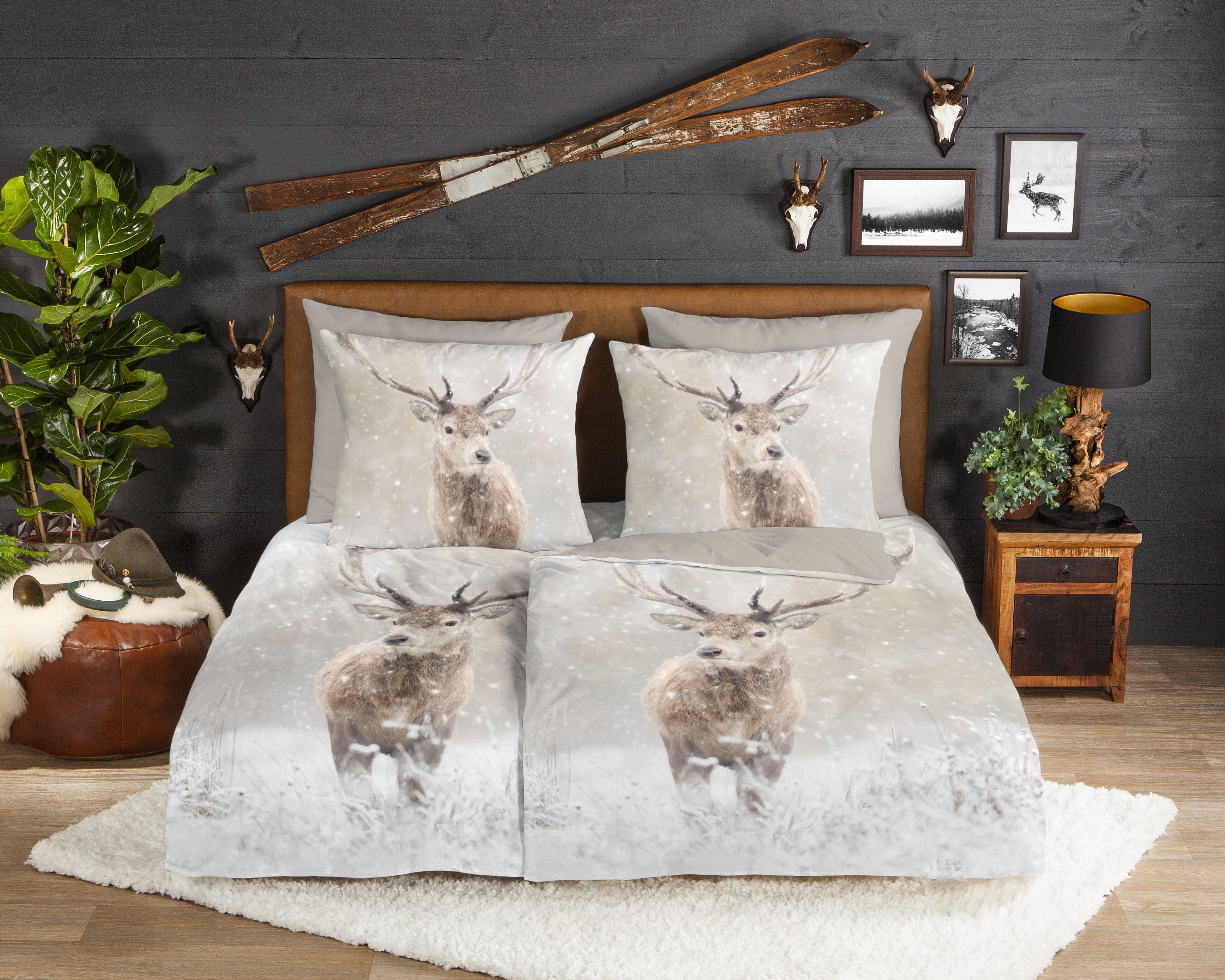 good morning Wendebettwäsche Snowydeer, Biber, Flanell, 2 teilig, Flanell, Biber, Baumwolle, Winter, Warm, Wendeoptik, Reh, Hirsch, Sand – Bild 2 von 4