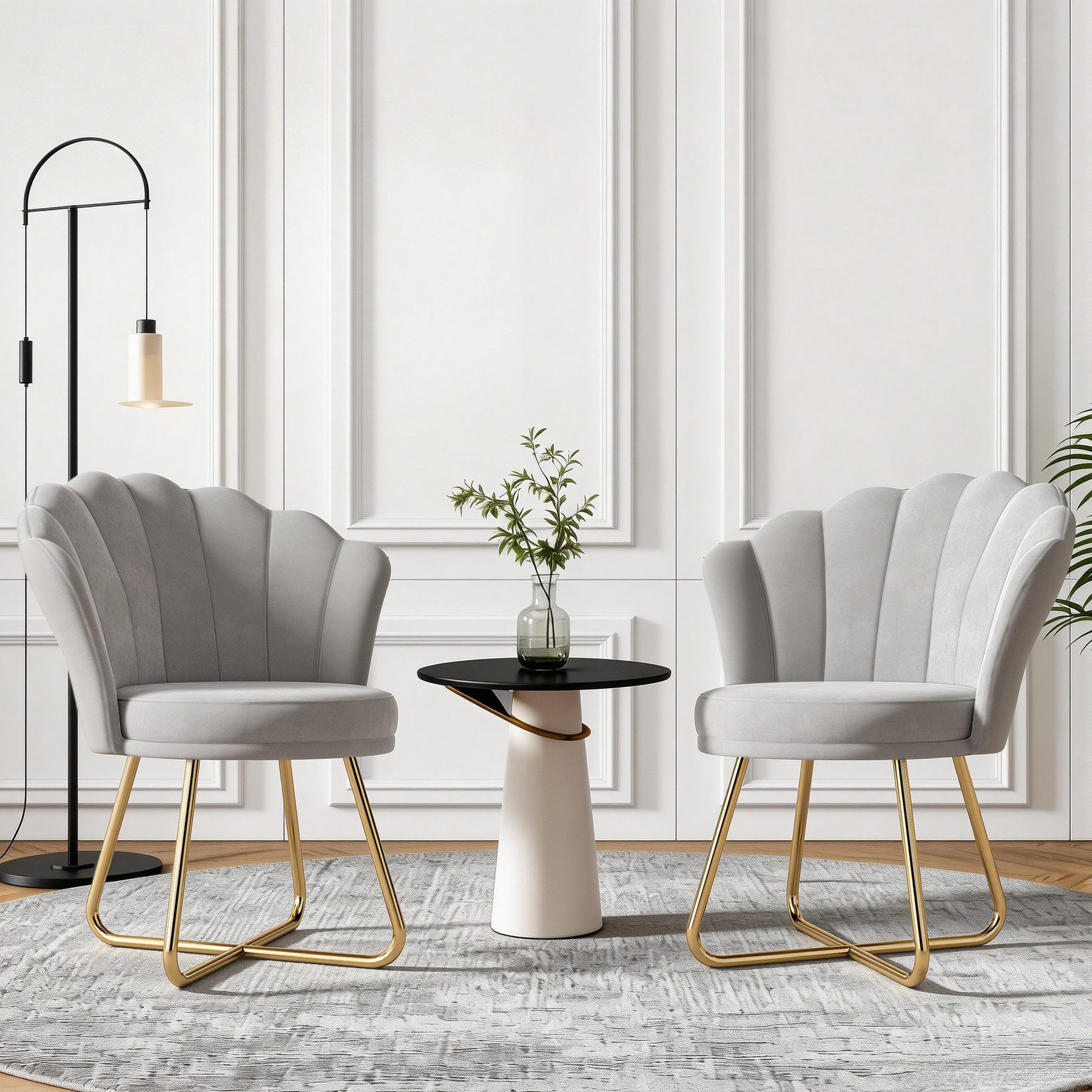 HawthyHome Polsterstuhl Polstersessel mit Blütenblatt-Rückenlehne & Goldene Metallbeine (2 St), ideal für Esszimmer & Schminktisch