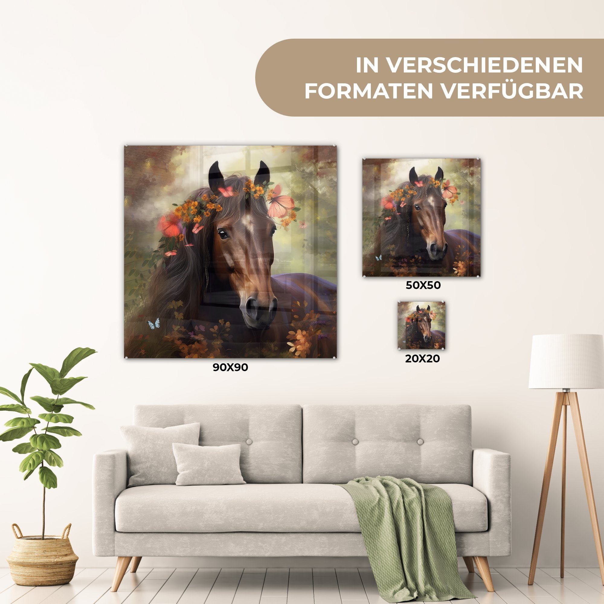 (1 - Glasbilder Pferd - auf St), Wandbild - Glas auf Foto Tiere - Bilder - Schmetterling, Wanddekoration Acrylglasbild - Wald - MuchoWow Glas Blumen