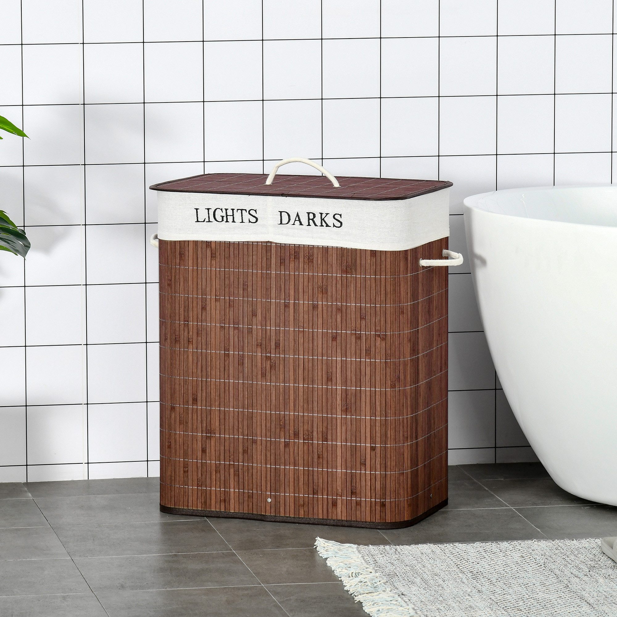 HOMCOM Wäschekorb schmal 100L Wäschesammler mit Deckel herausnehmbarer Wäschesack (Wäschebox, 1 St., Wäschekorb), abnehmbar Bambus Polyester Baumwolle Metall Braun+Weiß 52 x 32 x 63 cm