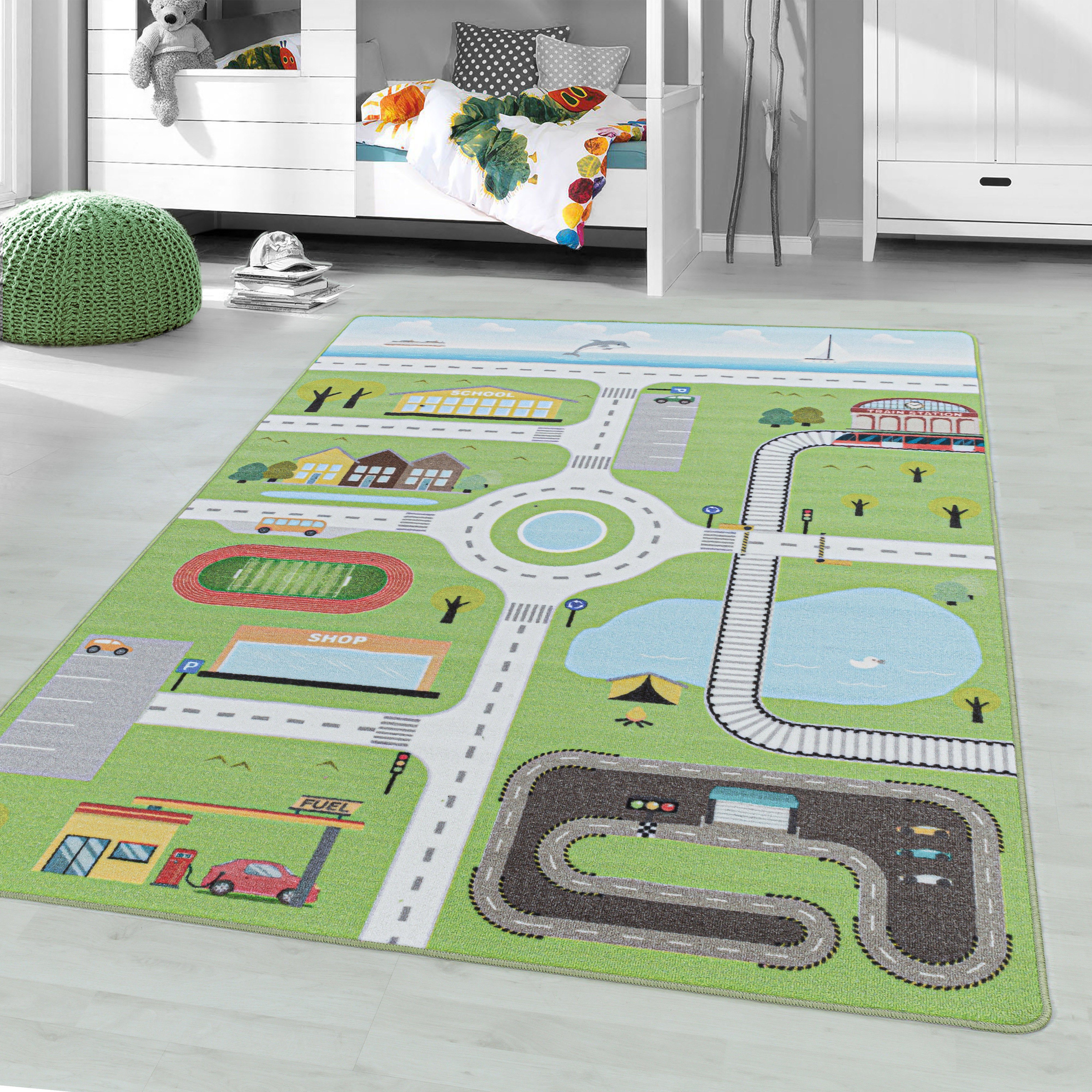 Grün Angeycasa Autoteppich, Kinderteppich Kinderteppich Spielteppich Kinderzimmer Straßenteppich