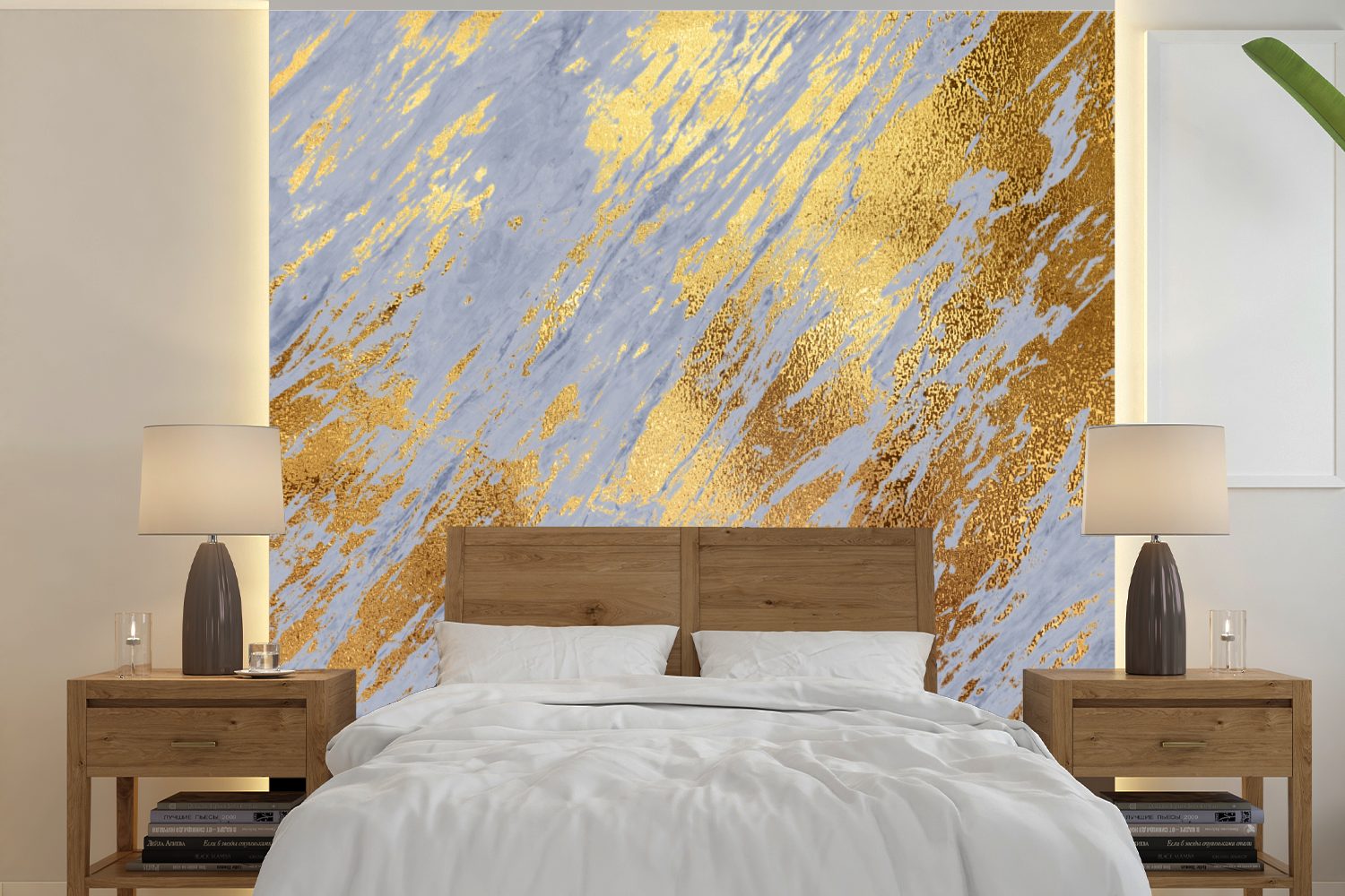 MuchoWow Fototapete Marmor - Blau - Gold, Matt, bedruckt, (5 St), Vinyl Tapete für Wohnzimmer oder Schlafzimmer, Wandtapete