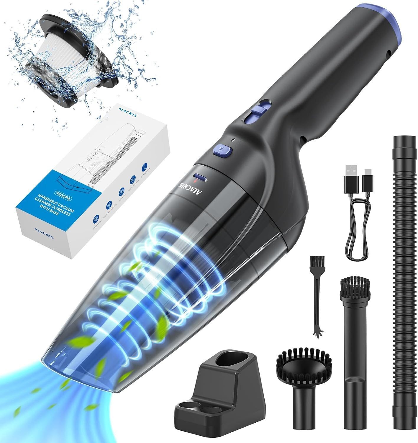 Vivitar Akku-Handstaubsauger mit 9500Pa Saugkraft, 4 Aufsätzen, USB-C, Ladestation, 3x2000mAh Akku, Beutellos (Zyklon-Technologie oder einfacher Auffangbehälter), bis zu 20 Min Laufzeit – Kompakter Akkusauger für Auto, Haushalt