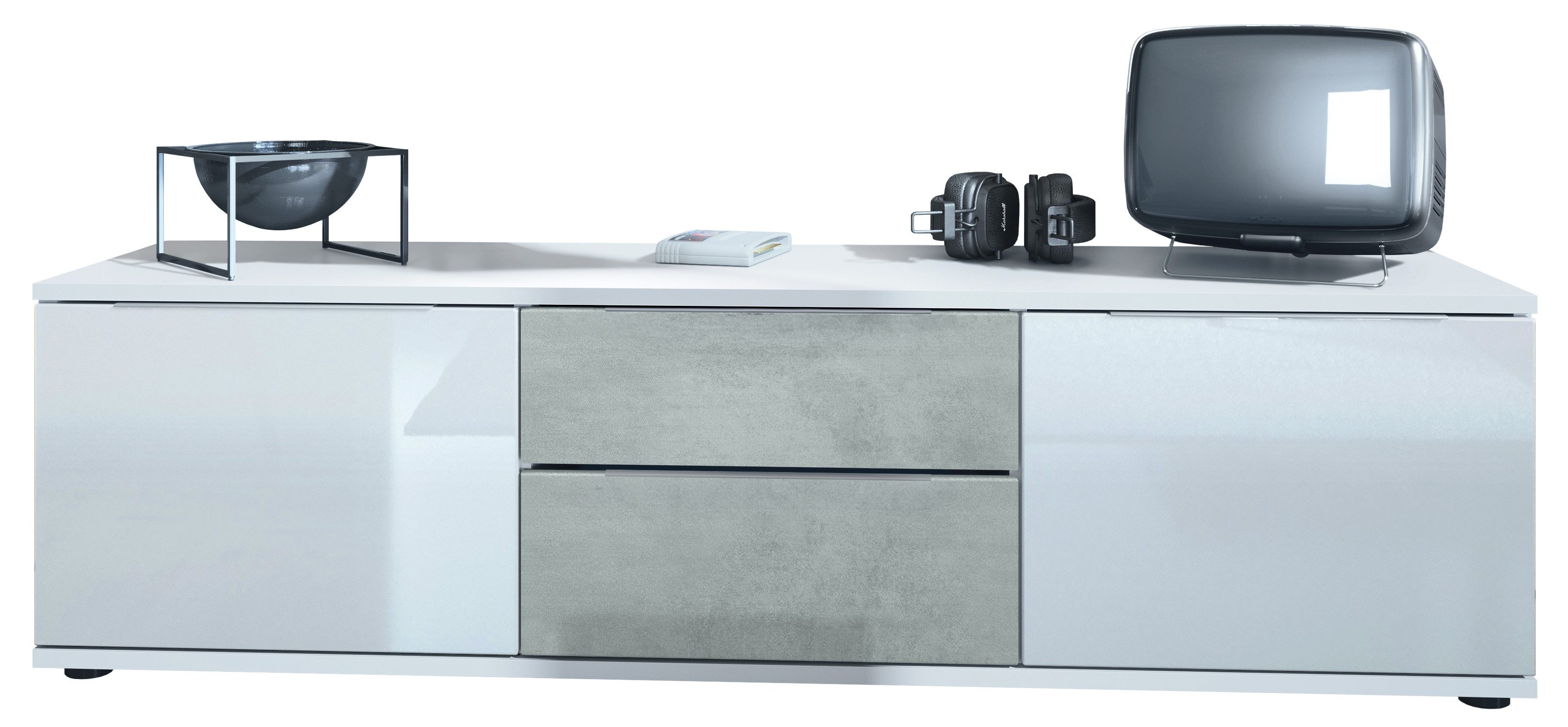 Vladon Lowboard Linio V1 (Fernsehtisch, mit 2 Türen und Schubladen), Weiß / Beton Oxid Optik (138,5 x 37,5 x 35 cm)
