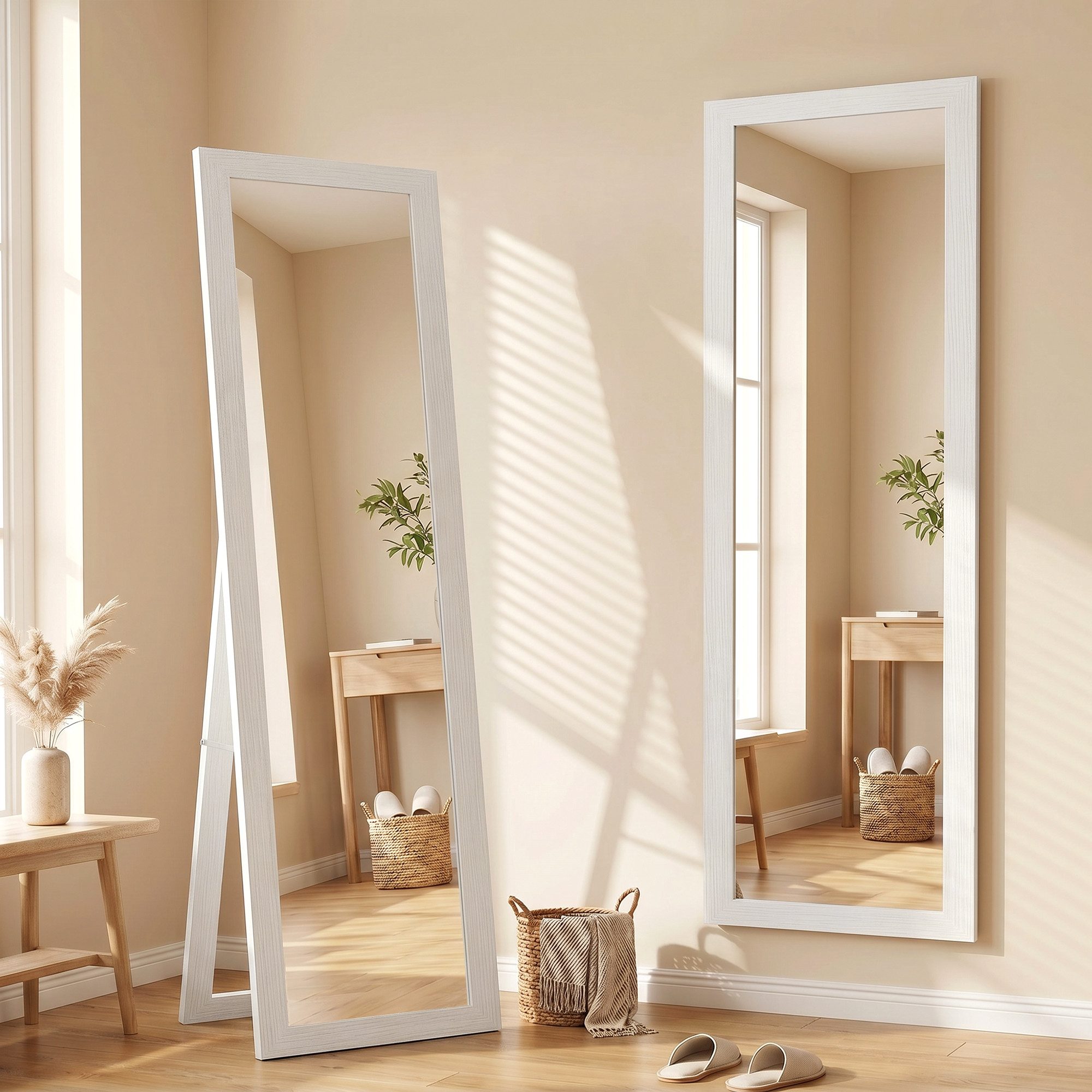 HOMCOM Standspiegel Ganzkörperspiegel Rechteckig, Holzoptik, groß, für Flur, Wohnzimmer (Stehspiegel, 1-St., Wandspiegel), für Wohnzimmer, Schlafzimmer, Weiß