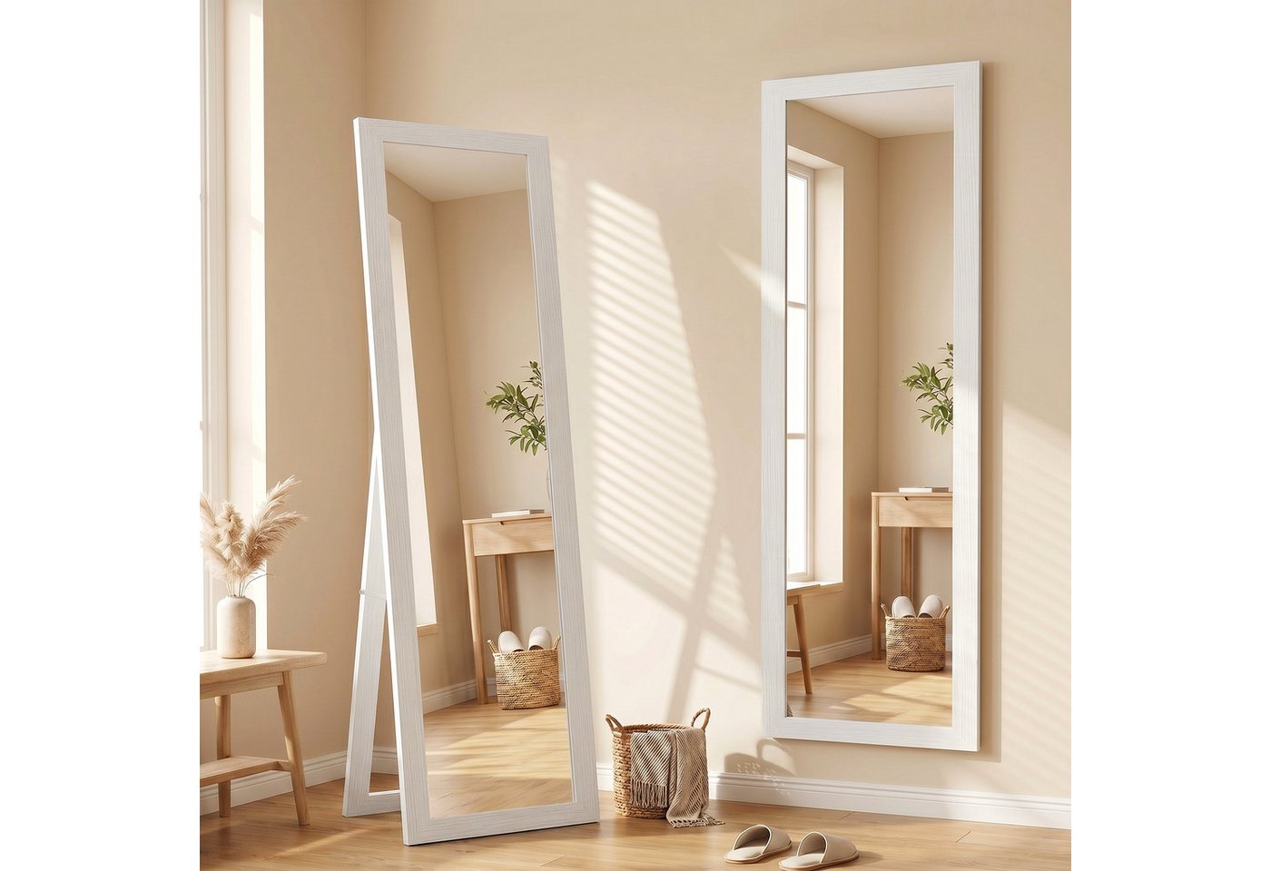 HOMCOM Standspiegel Ganzkörperspiegel Rechteckig, Holzoptik, groß, für Flur, Wohnzimmer (Stehspiegel, 1-St., Wandspiegel), für Wohnzimmer, Schlafzimmer, Weiß
