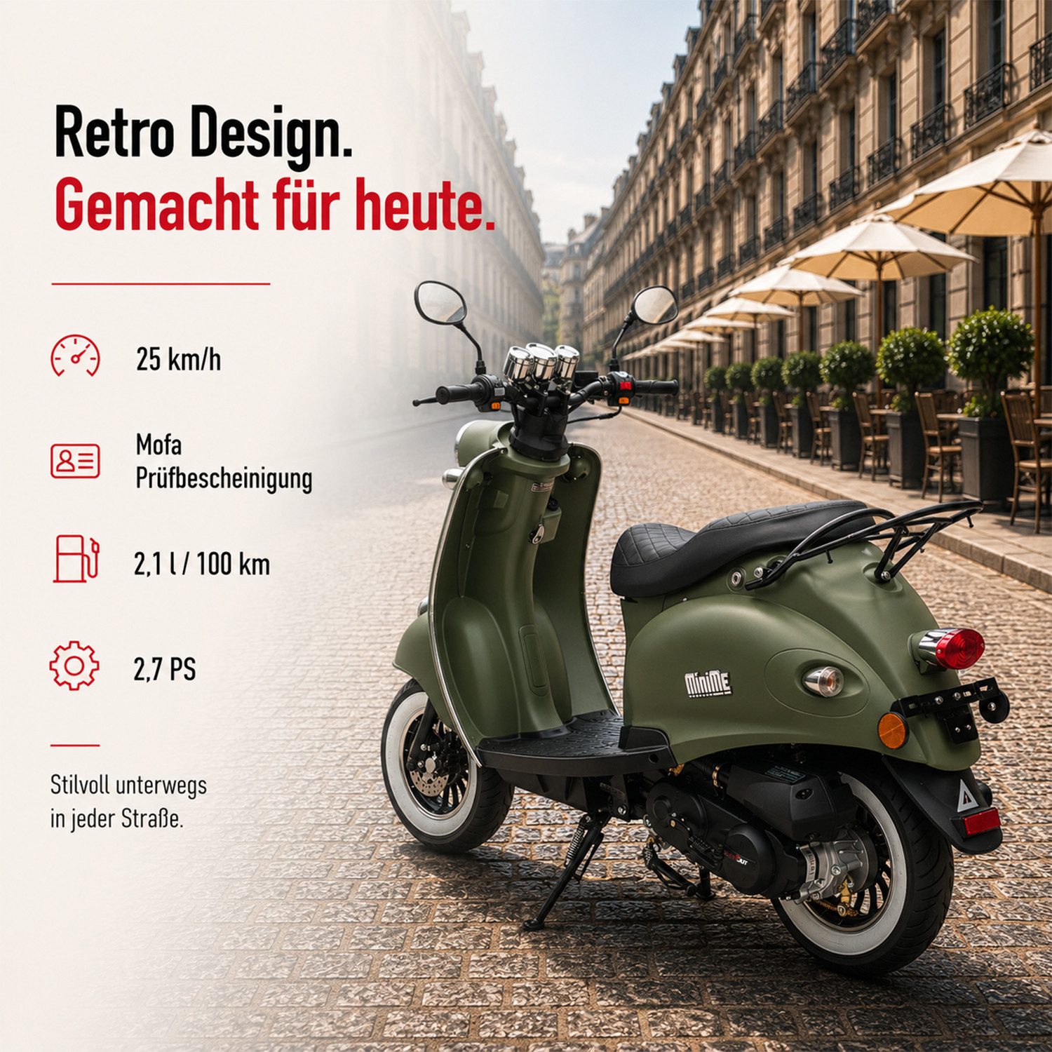Burnout Motorroller MiniMe 2.0 Mattgrün, 50 ccm, 25 km/h, Euro 5, (50 ccm, 25 km/h, Euro 5), Unverwechselbares Retro Design, Mofa