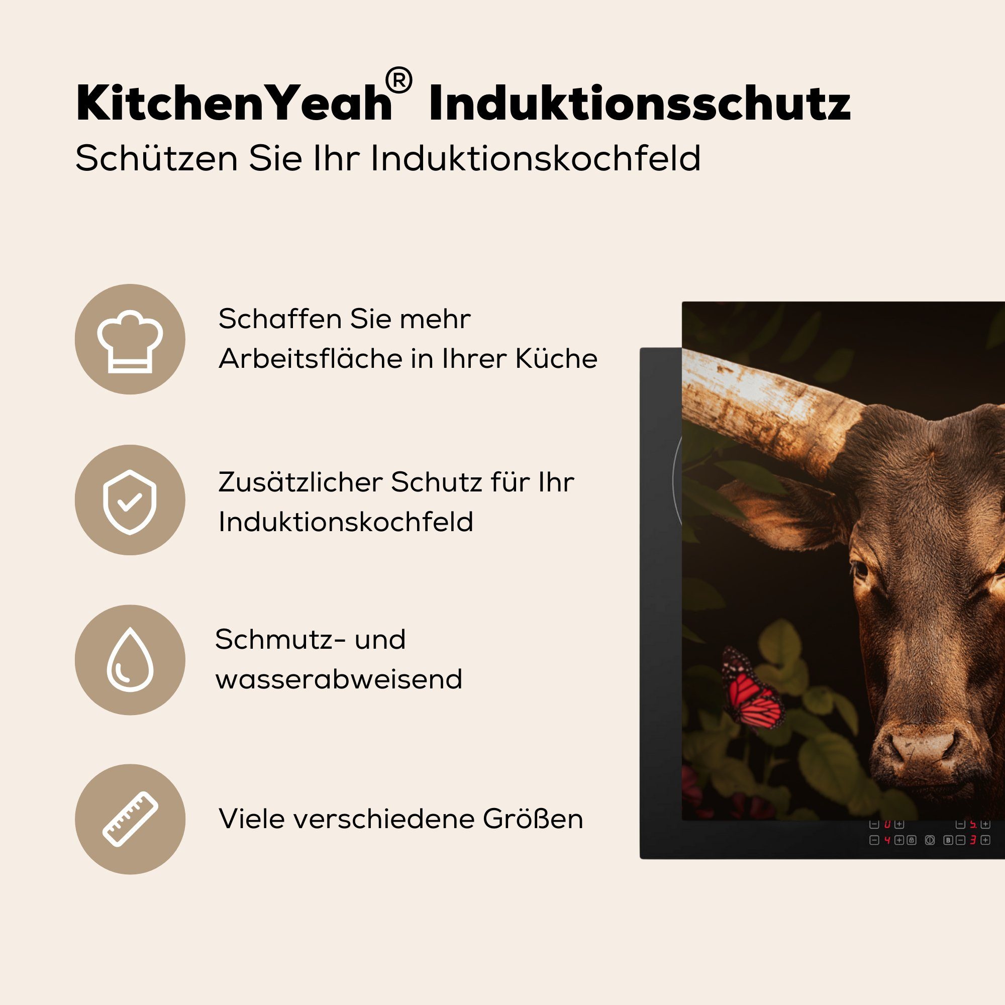 MuchoWow Herdblende-/Abdeckplatte Tiere - Kuh Vinyl, (1 küche 78x78 cm, für Arbeitsplatte - Dschungel, Ceranfeldabdeckung, tlg)