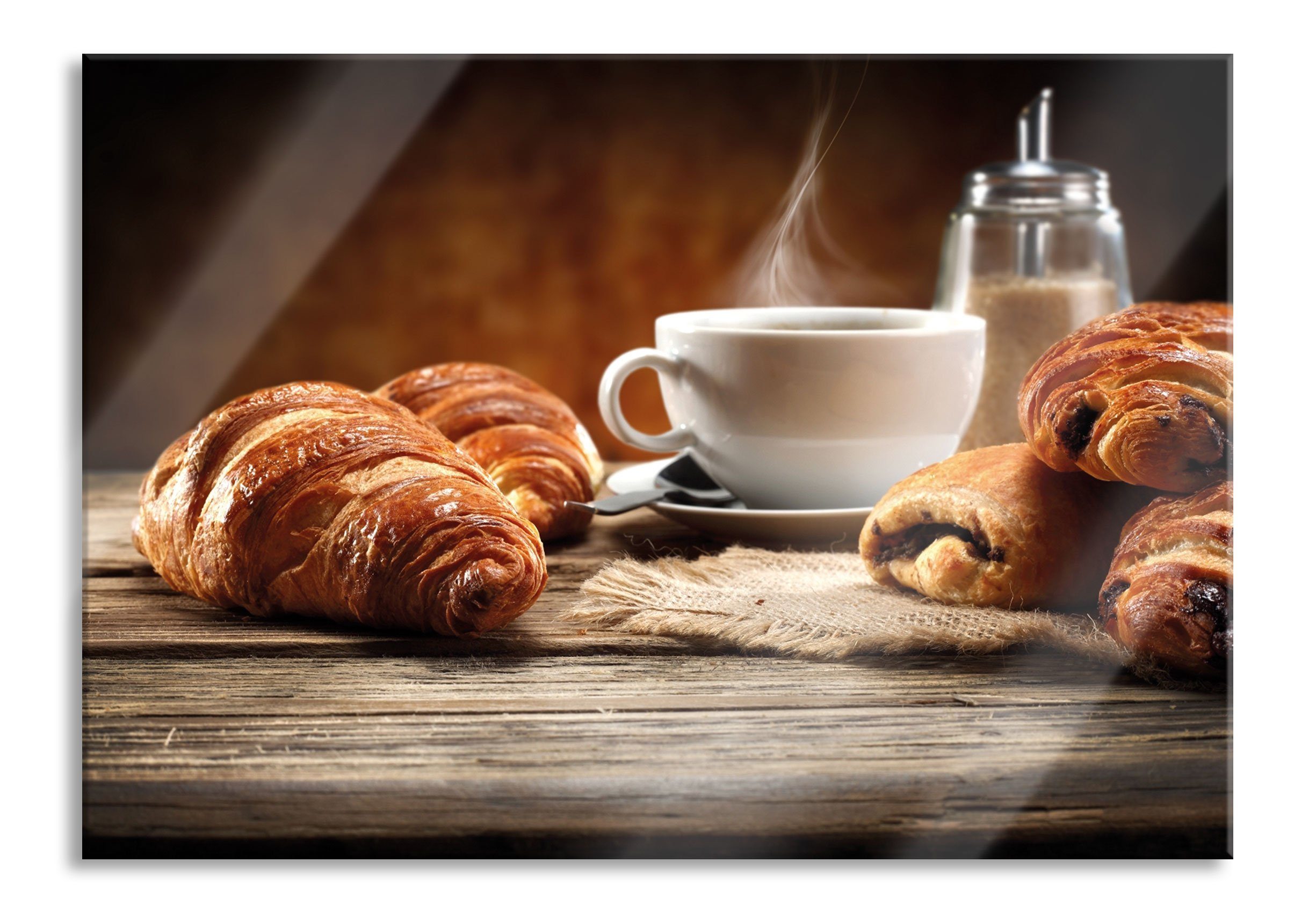 Pixxprint Glasbild Croissant zum Kaffee, Croissant zum Kaffee (1 St), Glasbild aus Echtglas, inkl. Aufhängungen und Abstandshalter
