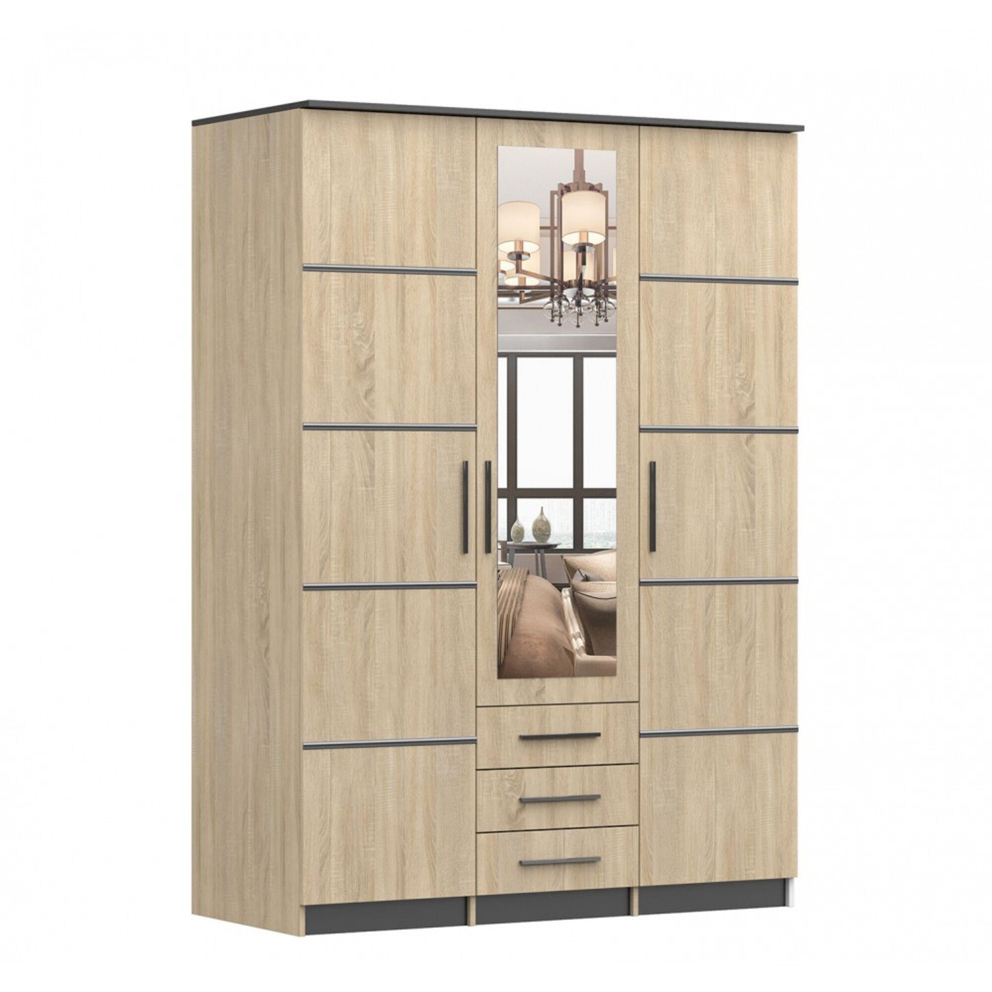 MOEBLO Drehtürenschrank ANTIS 3D I (Kleiderschrank 3-türig Schrank Garderobe Schlafzimmer, mit Spiegel, Schubladen und Lamellen) (BxHxT):152x208x61cm