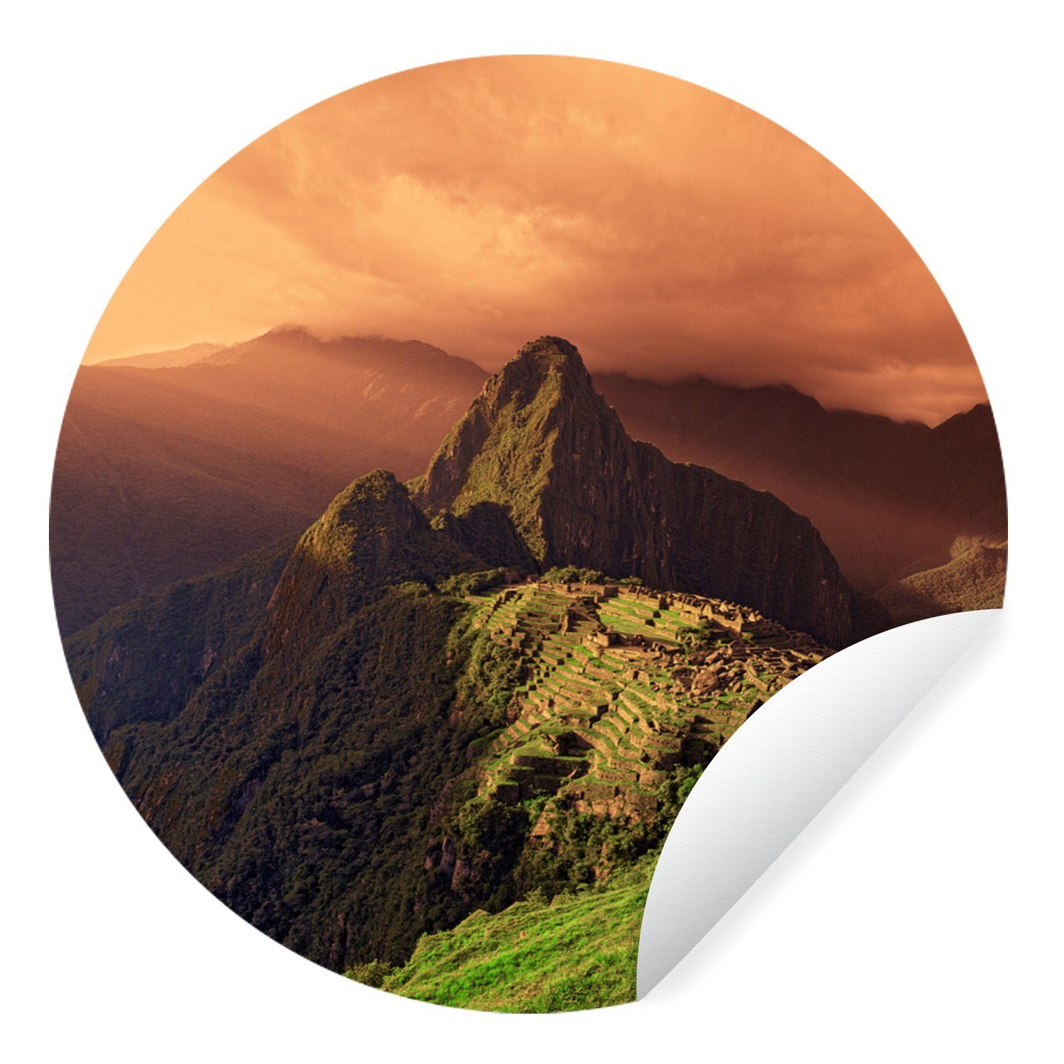 MuchoWow Wandsticker Peru - Machu Picchu - Sonnenuntergang (1 St), Tapetenkreis für Kinderzimmer, Tapetenaufkleber, Rund, Wohnzimmer