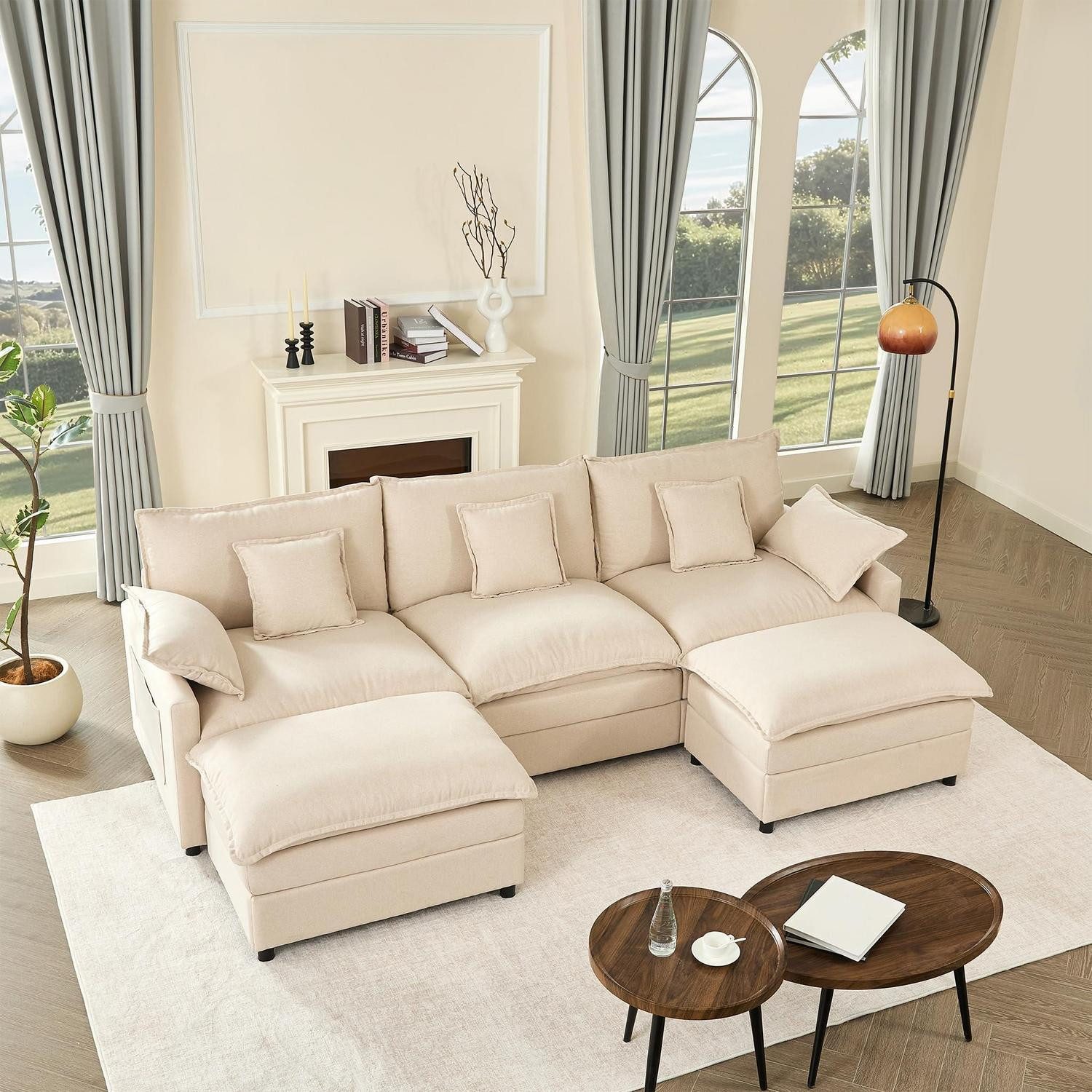 Wohnlandschaft Ecksofa U Modulsofa 3 Sitzer Hocker Sitztiefe Beige