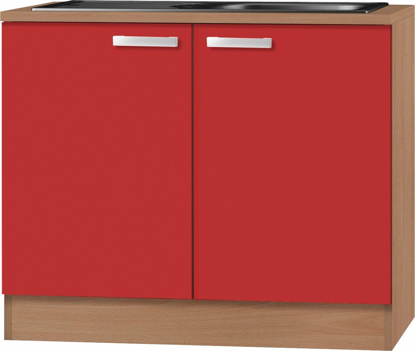 rot/buche Spülenschrank breit, aus cm 100 Odense Edelstahl Einbauspüle inkl. Türen, | mit buchefarben OPTIFIT 2